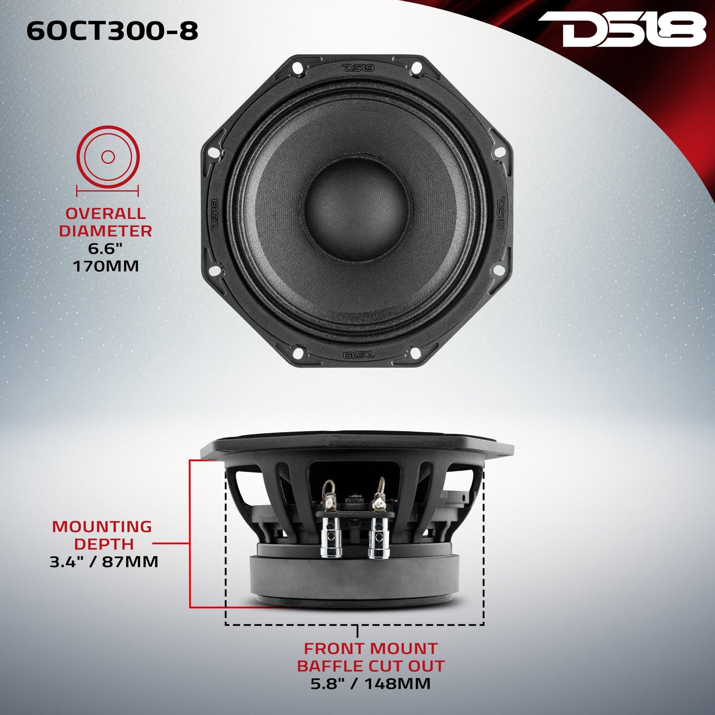 Octagonal 6.5" Mid-Range Loudspeaker 300 Watts Rms 8-Ohm.