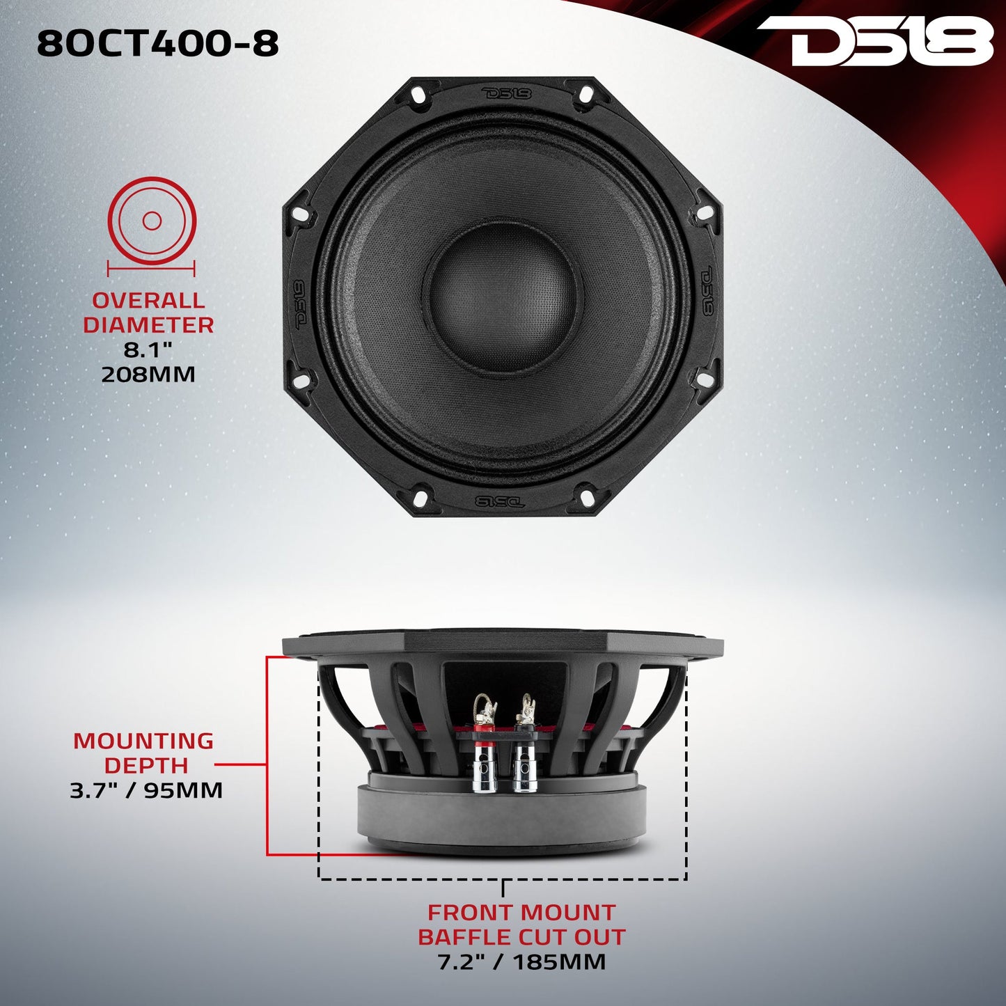 Octagonal 8" Mid-Range Loudspeaker 400 Watts Rms 8-Ohm.