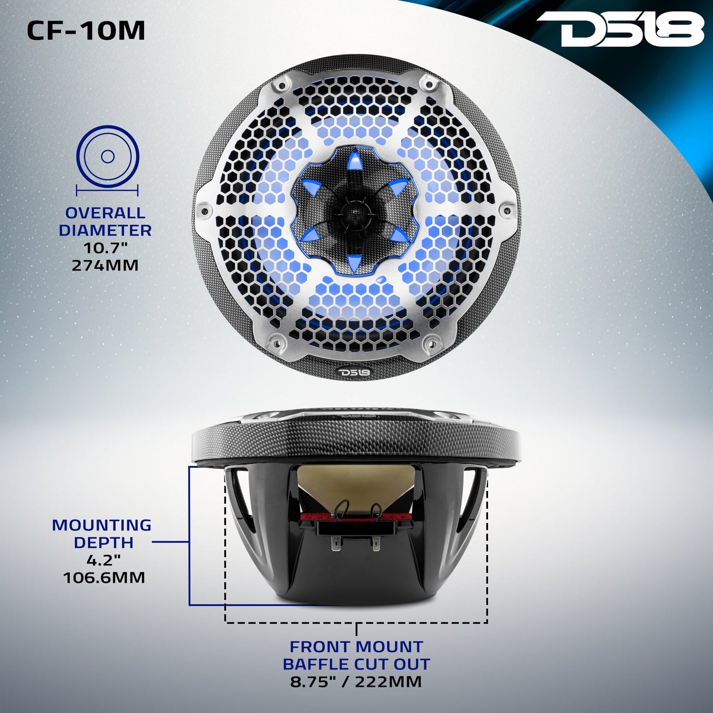NXL 10" 2-Way Coaxial Marine Speaker With LED RGB Lights 200 Watts Rms 4-Ohm -Black Carbon Fiber.