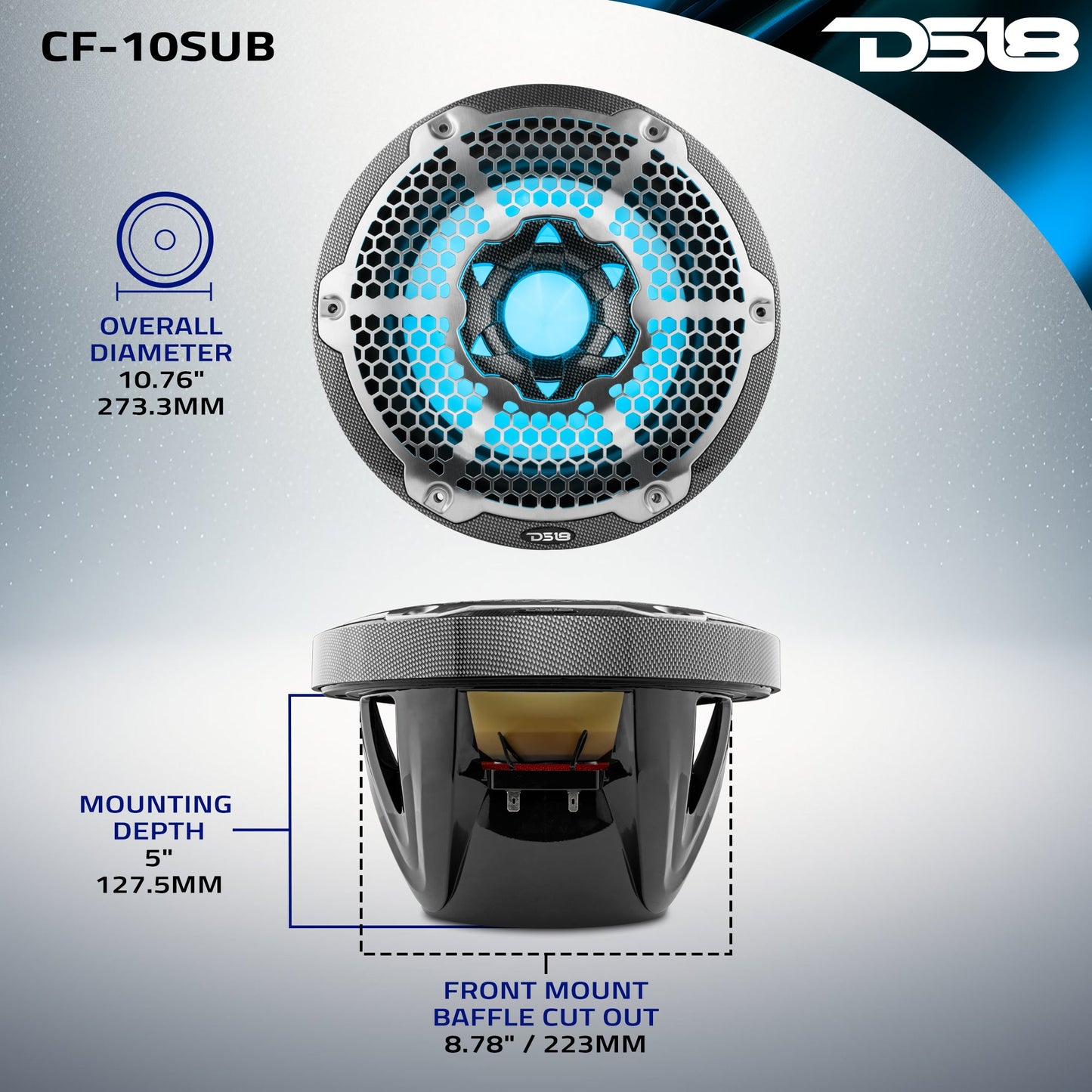NXL 10" Marine Subwoofer With LED RGB Lights 300 Watts Rms SVC 4-Ohm -Black Carbon Fiber.