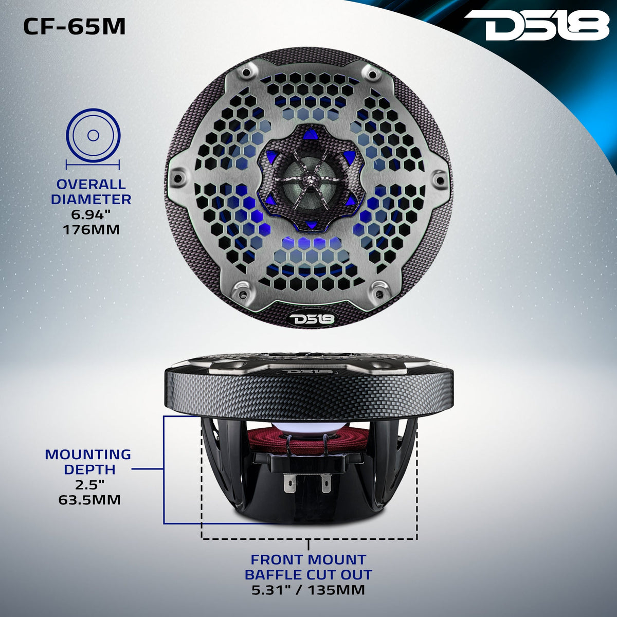 NXL 6.5" 2-Way Coaxial Marine Speaker With LED RGB Lights 100 Watts Rms 4-Ohm - Black Carbon Fiber.