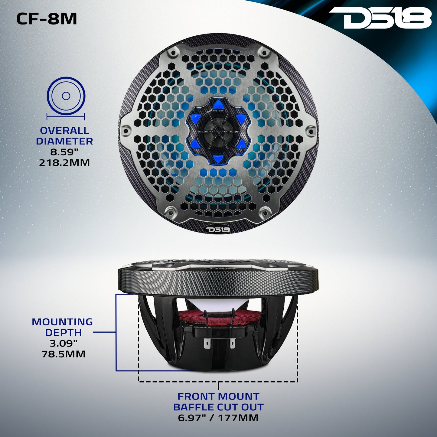 NXL 8" 2-Way Coaxial Marine Speaker With LED RGB Lights 125 Watts Rms 4-Ohm - Black Carbon Fiber.