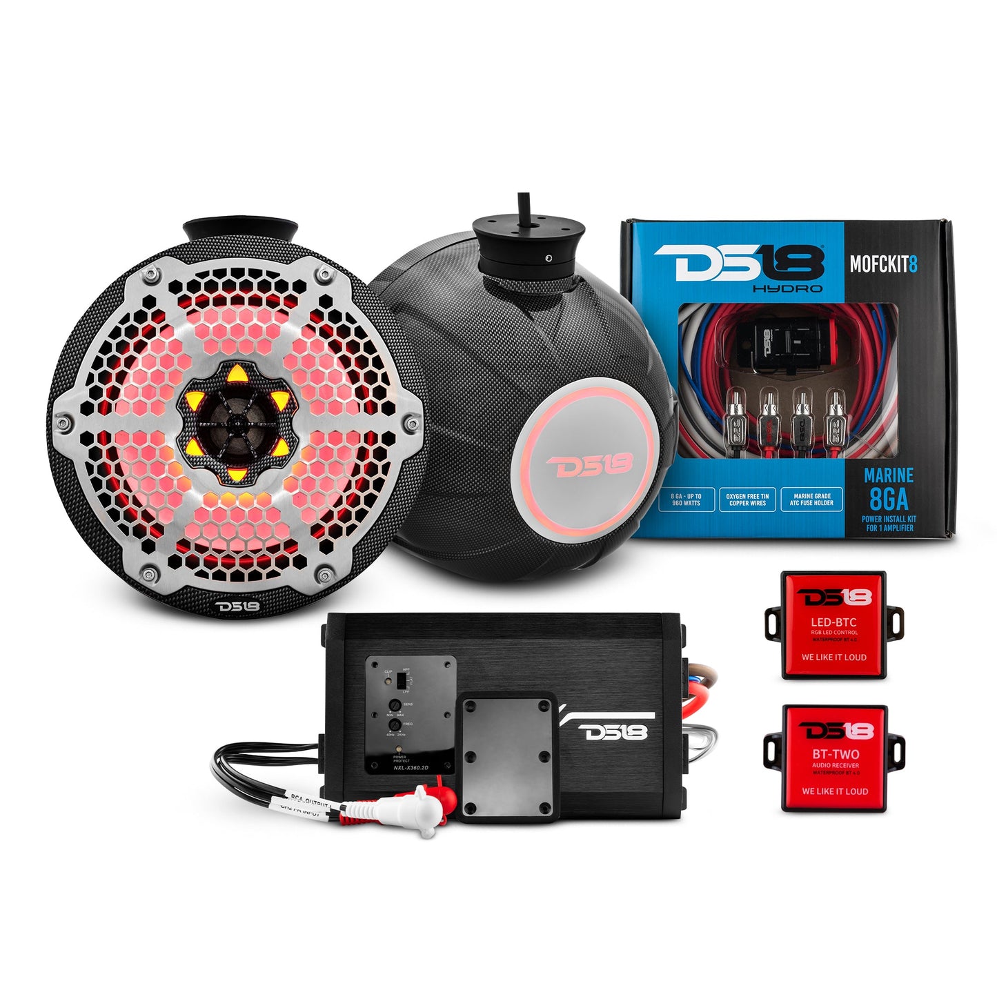 8" Compact Speaker Tower with Marine Amplifier, Installation Kit, and RGB LED Lights - Perfect Package for Jet Ski.