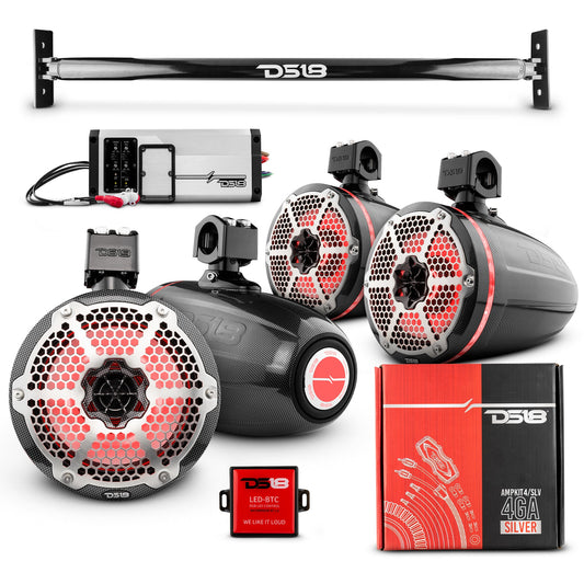 JL-TUBE 4x 8" Marine Towers Speakers with RGB LED Lights, 4-Channel Marine Amplifier and AMPKIT for Jeep JL.