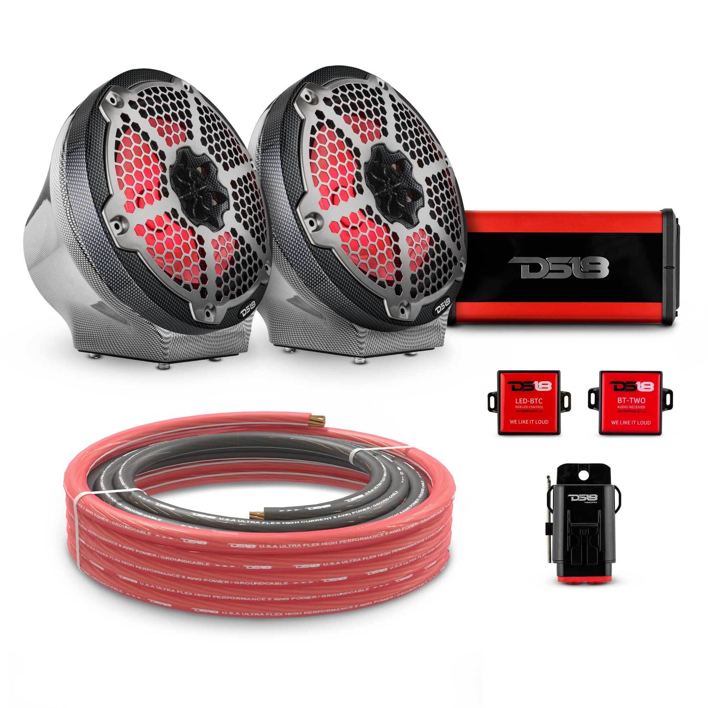 8" Loaded Flat Mount Speaker Pods with Amplifier, Installation Kit and RGB LED Lights, Package for Can-Am Spyder & Ryker.