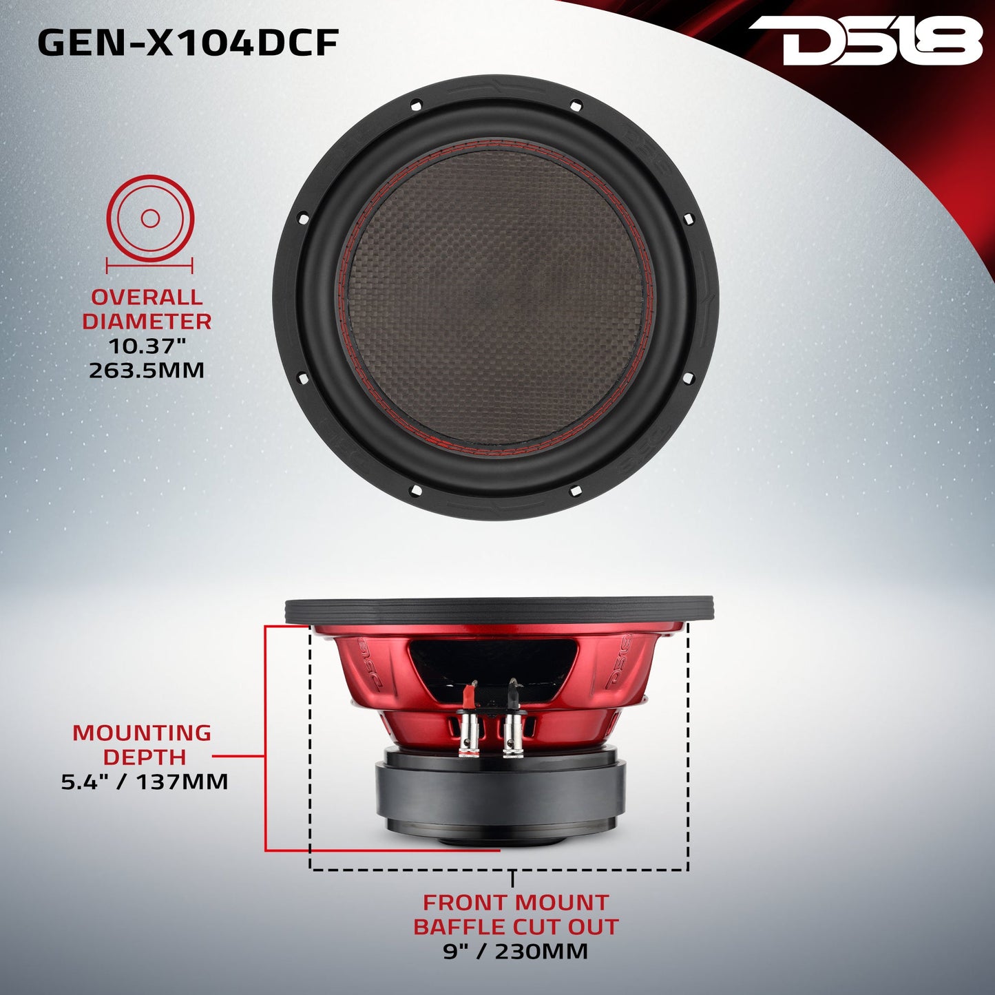 GEN-X 10" Subwoofer with Carbon Fiber Dust Cap | 600W RMS Dual 4-Ohm Voice Coils.