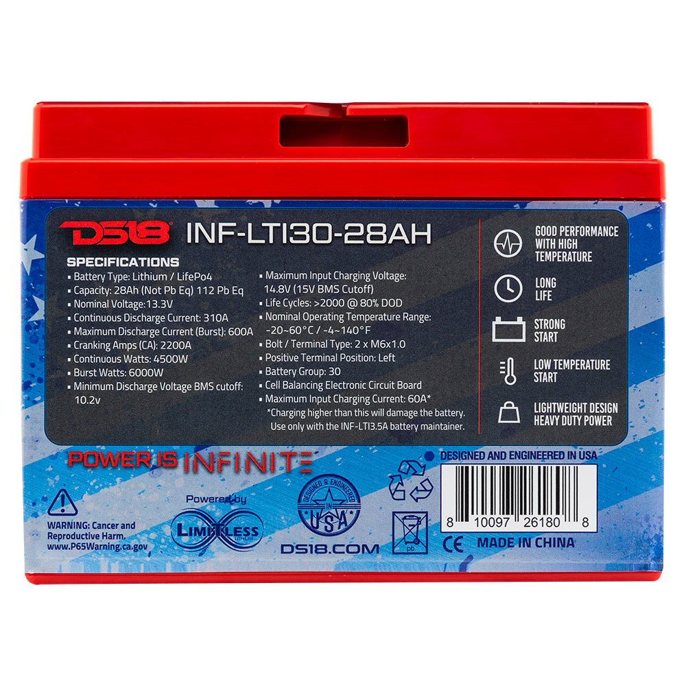 INF-LTI30-28AH INFINITE 28 AH Lithium Battery YTX30 Large Case With BMS - Perfect for Motorcycles.