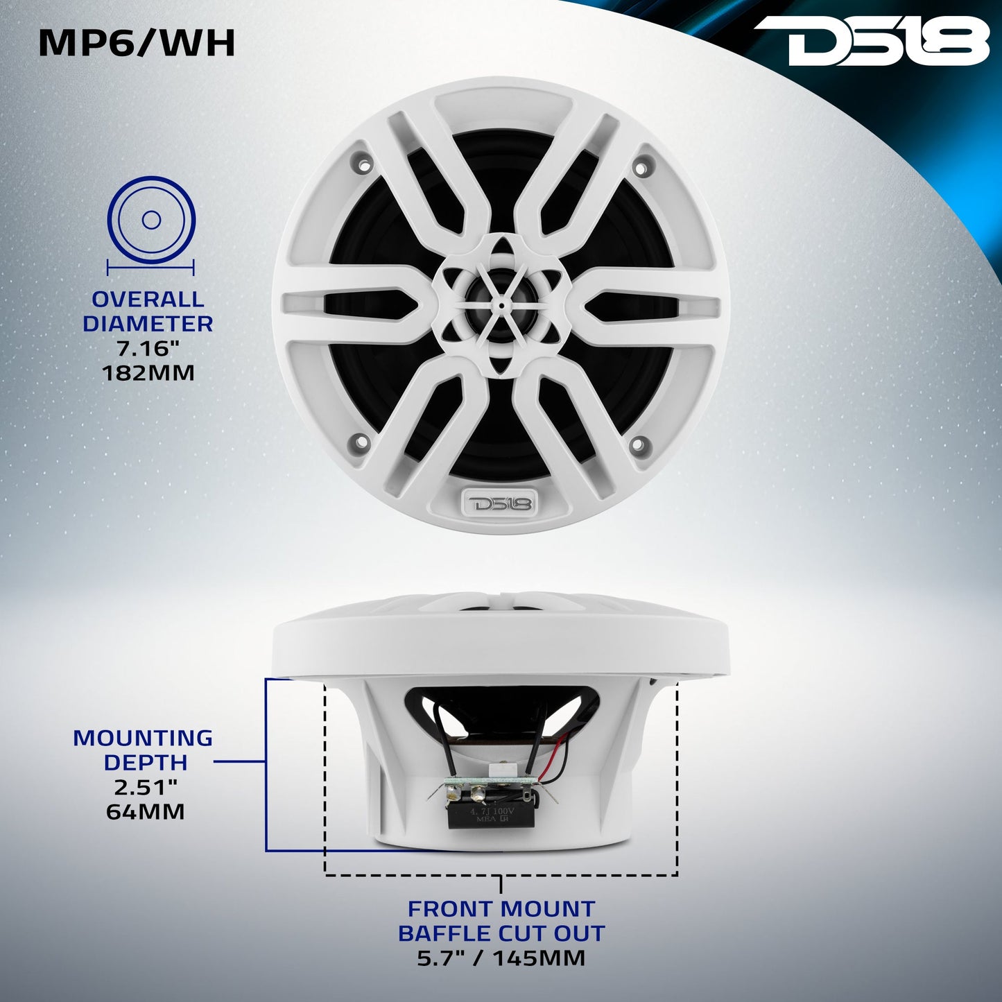 MP 6.5" 2-Way Coaxial Marine Speaker 60 Watts Rms 4-Ohm -White.