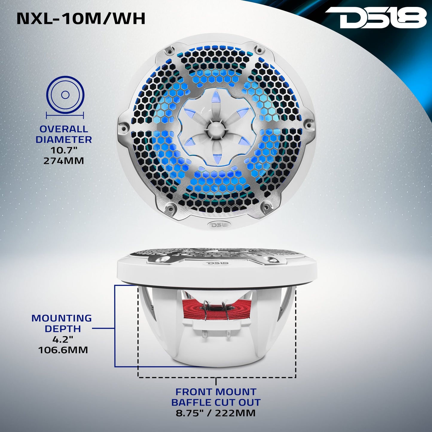 NXL 10" 2-Way Coaxial Marine Speaker with RGB LED Lights 200 Watts Rms 4-Ohm.