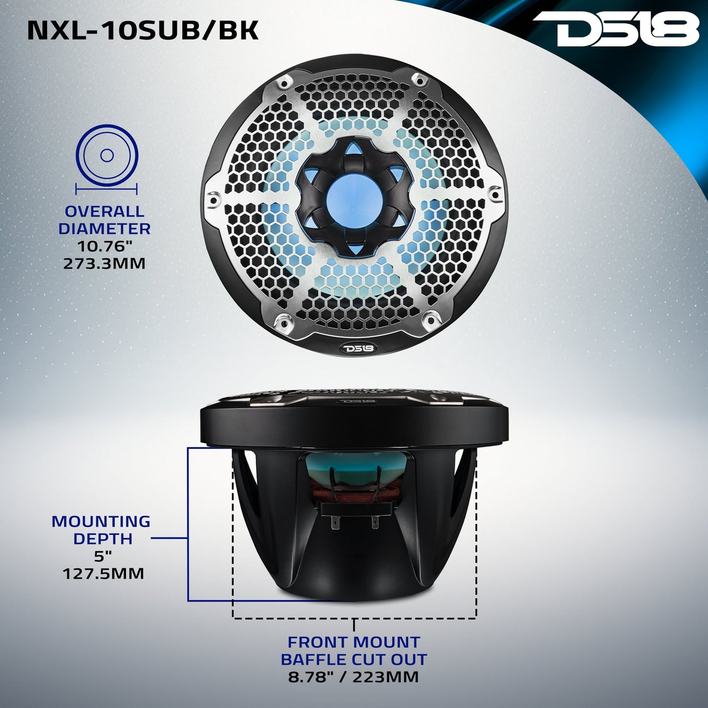 NXL 10" Marine Subwoofer with LED RGB Lights 300 Watts Rms SVC 4-Ohm.
