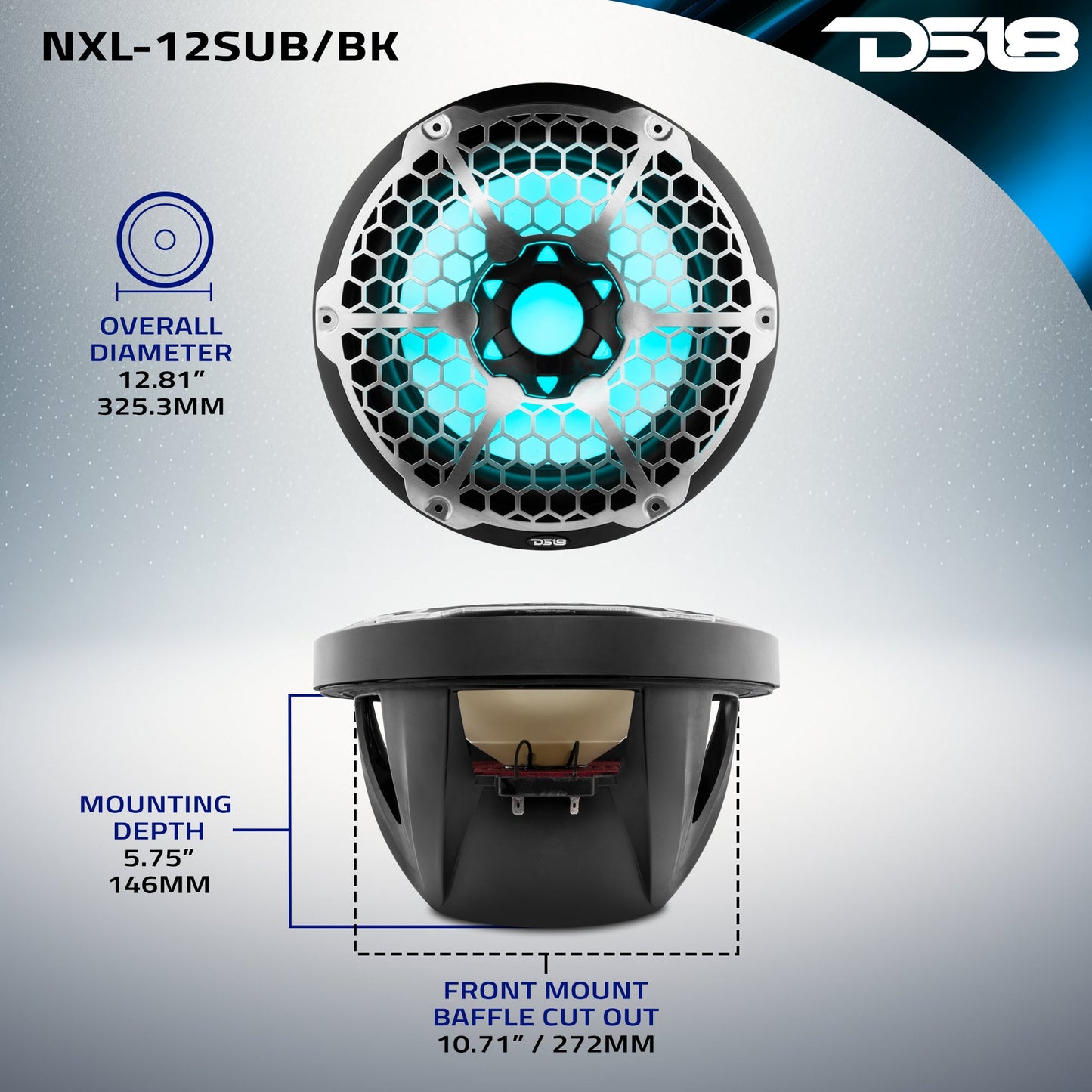 NXL 12" Marine Subwoofer with LED RGB Lights 350 Watts Rms SVC 4-Ohm.