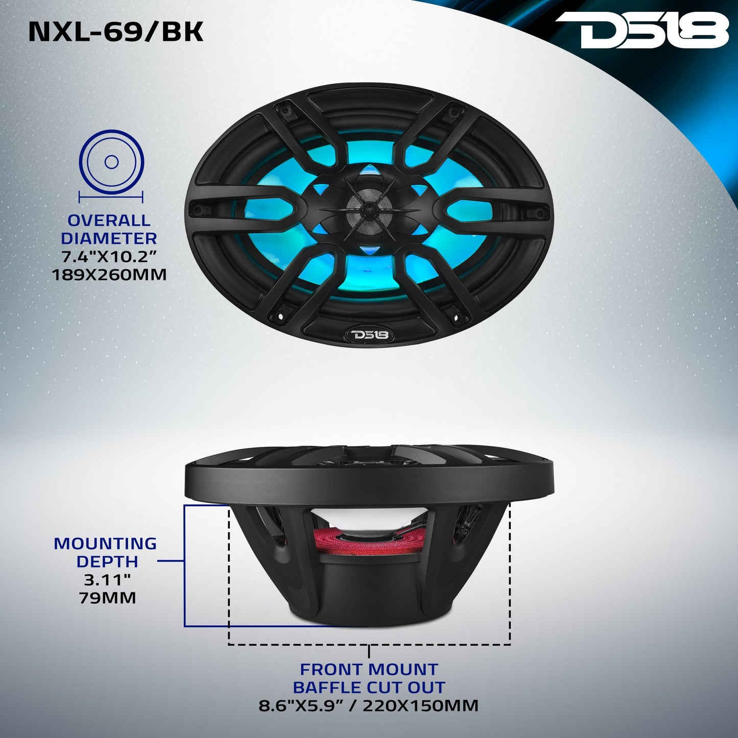 NXL 6x9" 2-Way Coaxial Marine Speaker with LED RGB Lights | 125W RMS 4-Ohm.