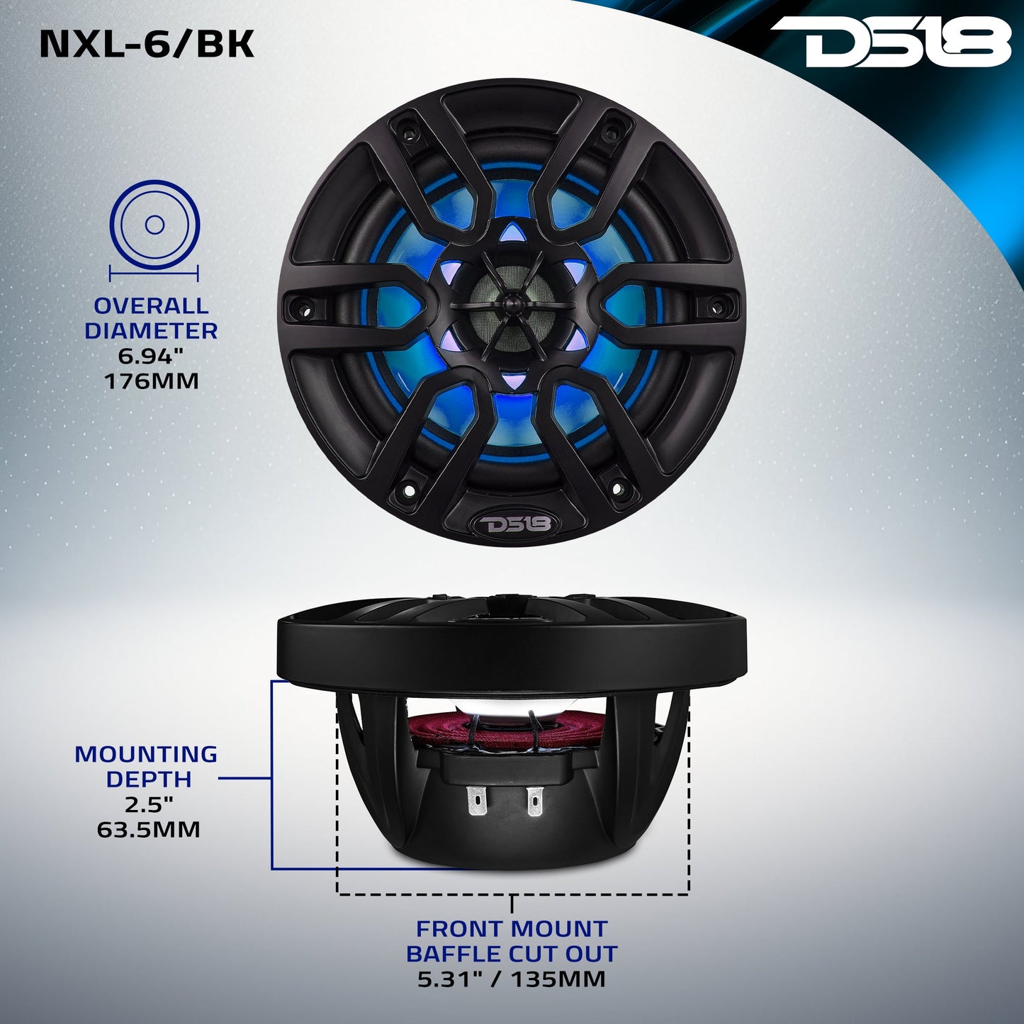 NXL 6.5" 2-Way Coaxial Marine Speaker with LED RGB Lights | 100W RMS 4-Ohm.