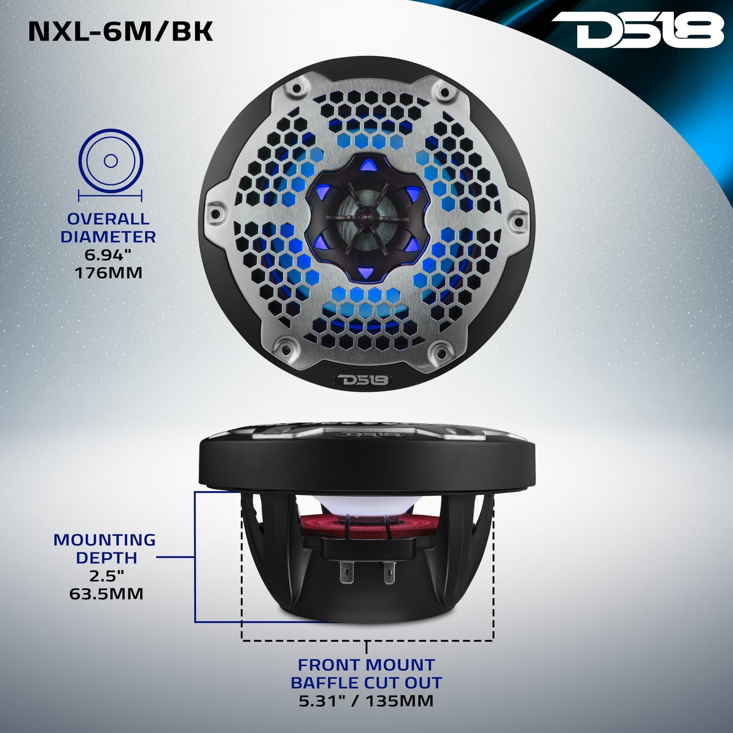 NXL 6.5" 2-Way Coaxial Marine Speaker with RGB LED Lights 100 Watts Rms 4-Ohm.