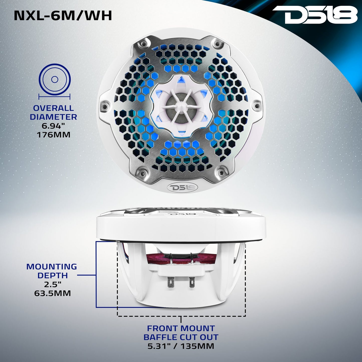 NXL 6.5" 2-Way Coaxial Marine Speaker With LED RGB Lights 100 Watts Rms 4-Ohm.