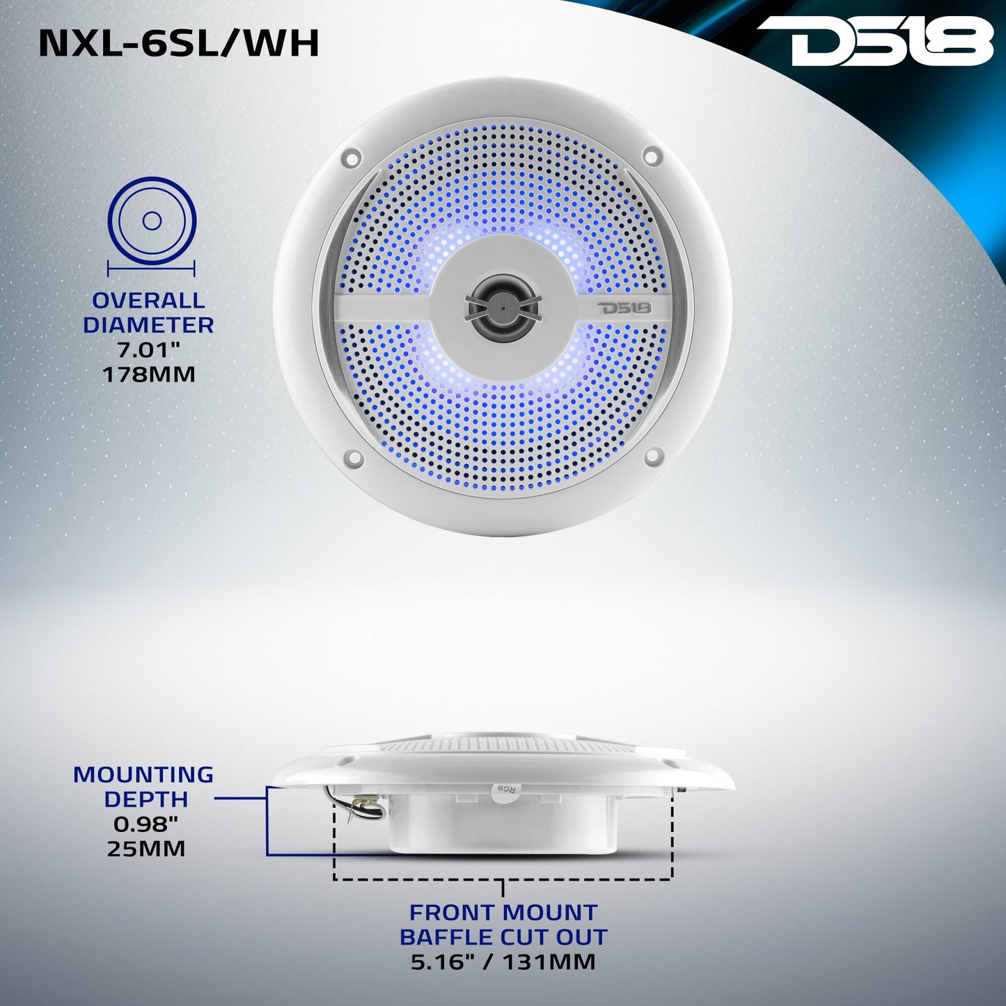 NXL 6.5" 2-Way Coaxial Marine Shallow Speaker With LED RGB Lights 25 Watts Rms 4-Ohm.