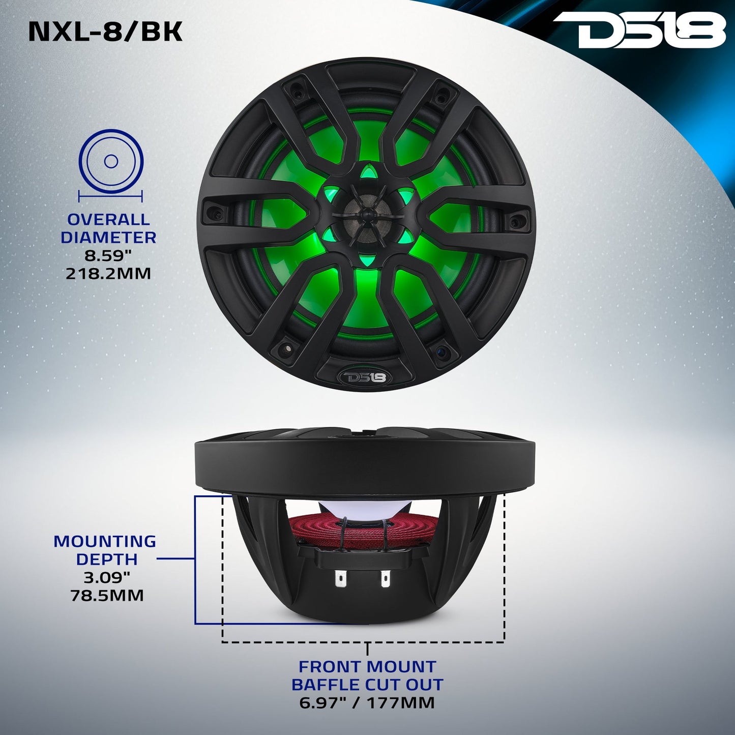 NXL 8" 2-Way Coaxial Marine Speaker with LED RGB Lights | 125W RMS 4-Ohm.