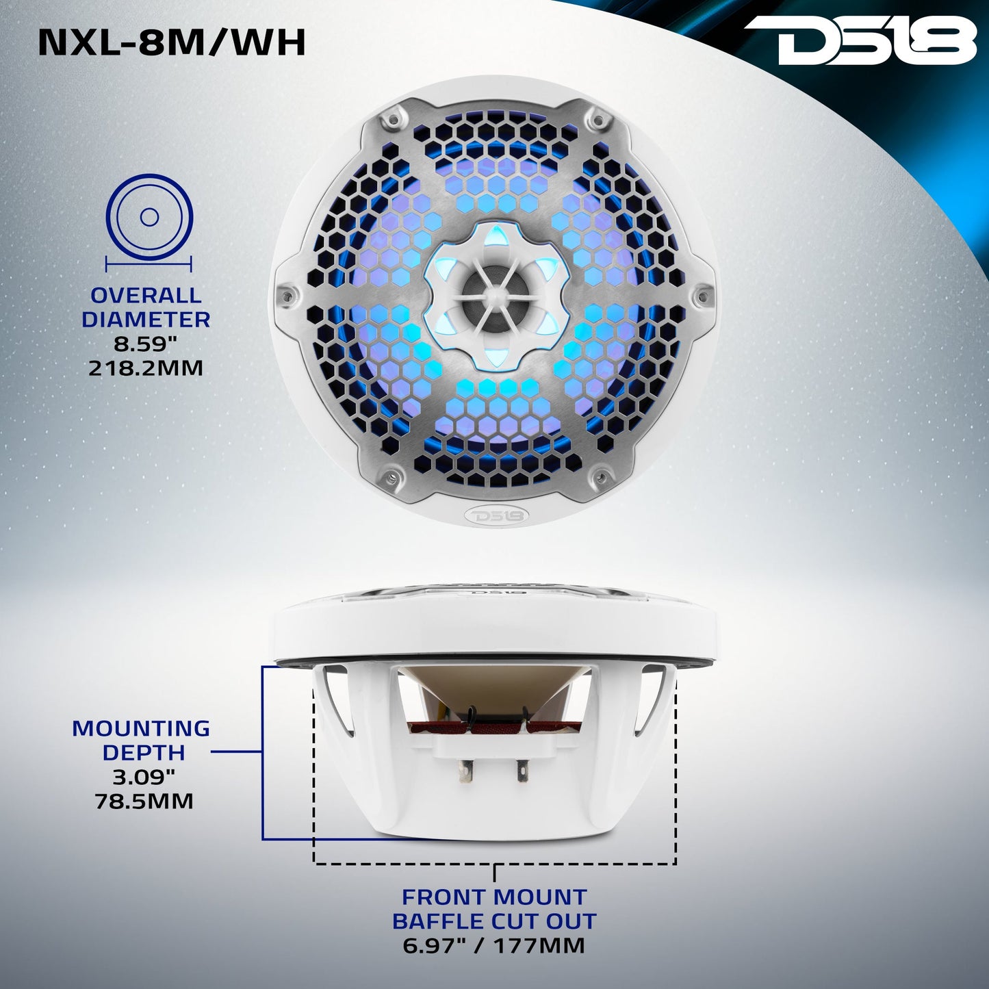NXL 8" 2-Way Coaxial Marine Speaker With LED RGB Lights 125 Watts Rms 4-Ohm.