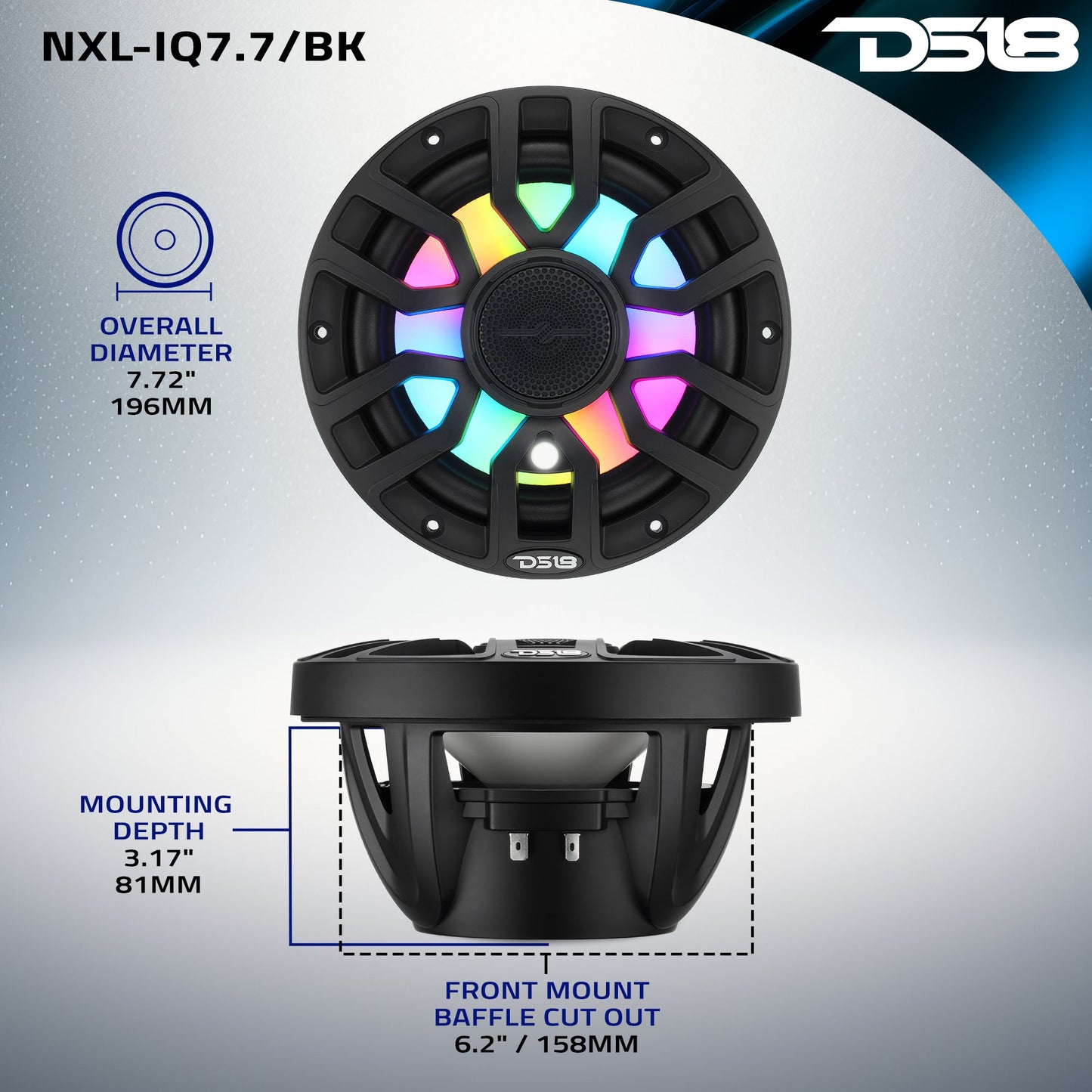 NXL 7.7” 2-Way Coaxial Marine Speaker with Bullet Tweeter, Digital LED Lights & White Deck LED | 175W RMS 4-Ohm.