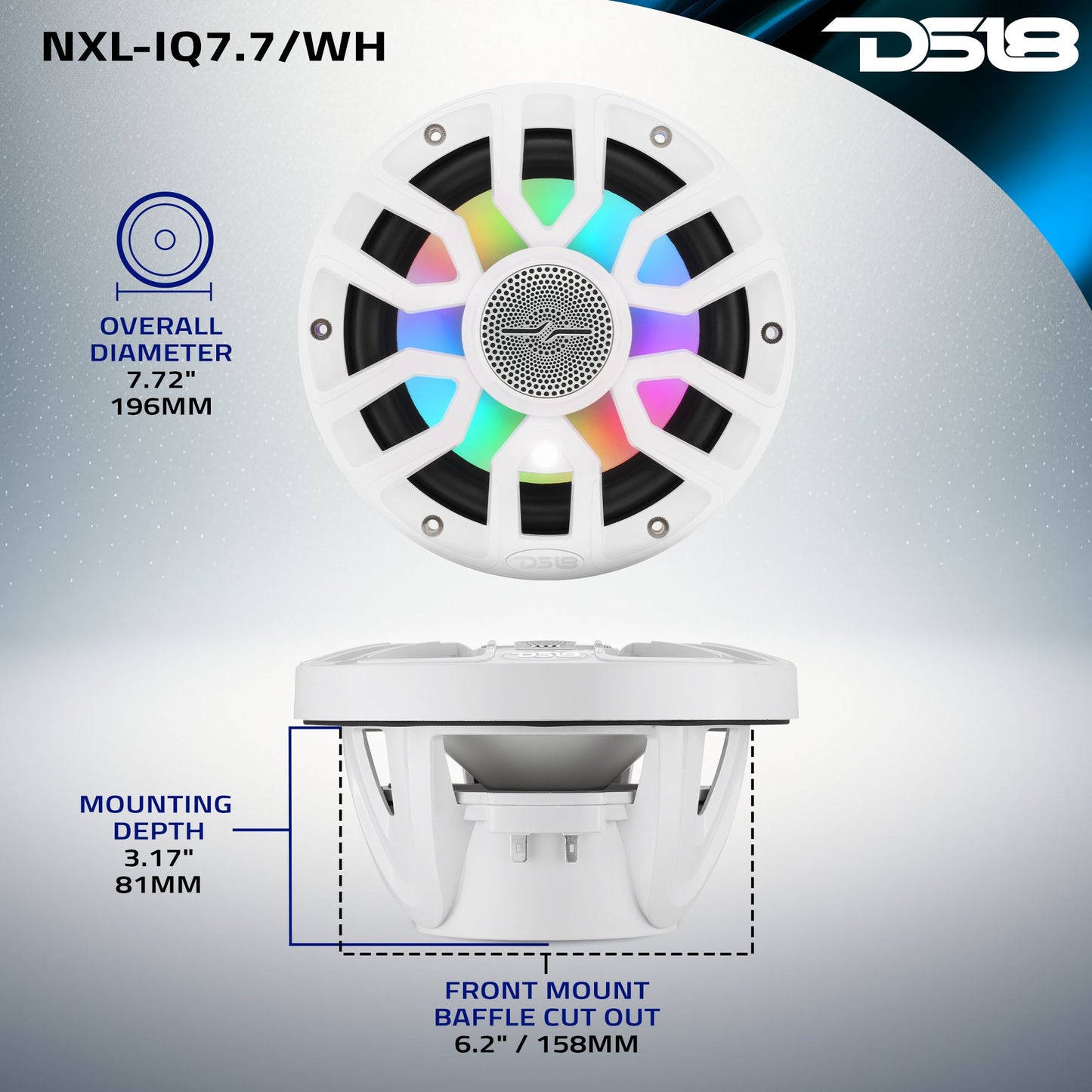 NXL 7.7” 2-Way Coaxial Marine Speaker with Bullet Tweeter, Digital LED Lights & White Deck LED | 175W RMS 4-Ohm.