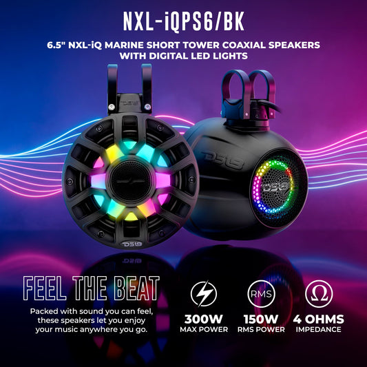 6.5" NXL-iQ Marine Short Tower Coaxial Speakers with Digital LED Lights, 150W RMS, 300W Max, 4-Ohm