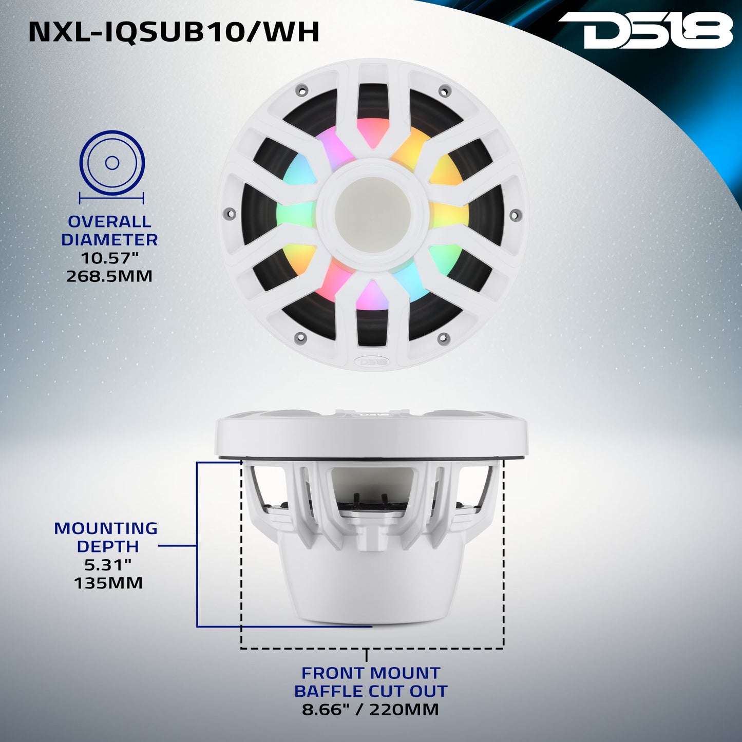 10” Marine Subwoofer with Hybrid Magnet Motor, Removable Grille and Digital LED Lights - 500W RMS 4-Ohm.