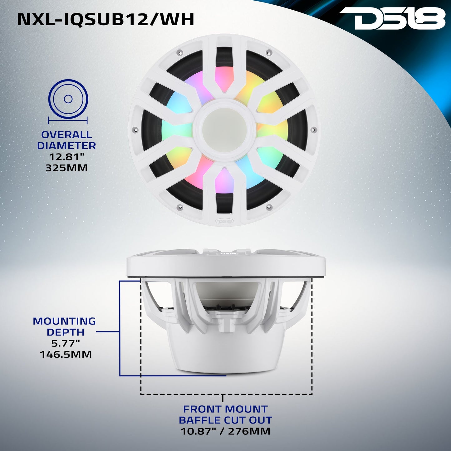 12” Marine Subwoofer with Hybrid Magnet Motor, Removable Grille and Digital LED Lights - 600W RMS 4-Ohm.