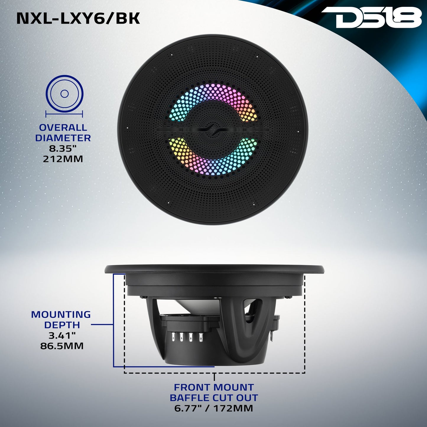 Luxury 6.5” 2-Way Marine Coaxial Speaker with Digital LED Lights and Flush Magnetic Mount Grille | 150W RMS 4-Ohm.
