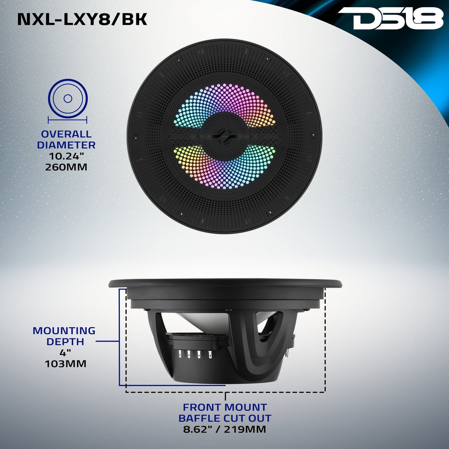 Luxury 8” 2-Way Marine Coaxial Speaker with Digital LED Lights and Flush Magnetic Mount Grille | 175W RMS 4-Ohm.