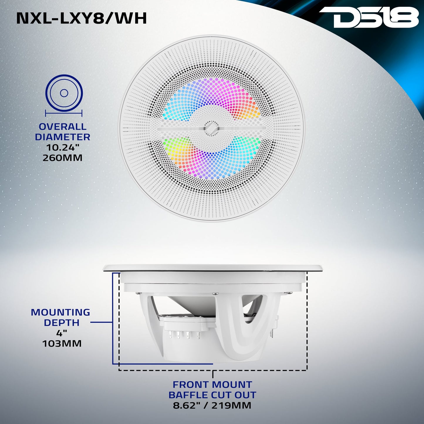 Luxury 8” 2-Way Marine Coaxial Speaker with Digital LED Lights and Flush Magnetic Mount Grille | 175W RMS 4-Ohm.