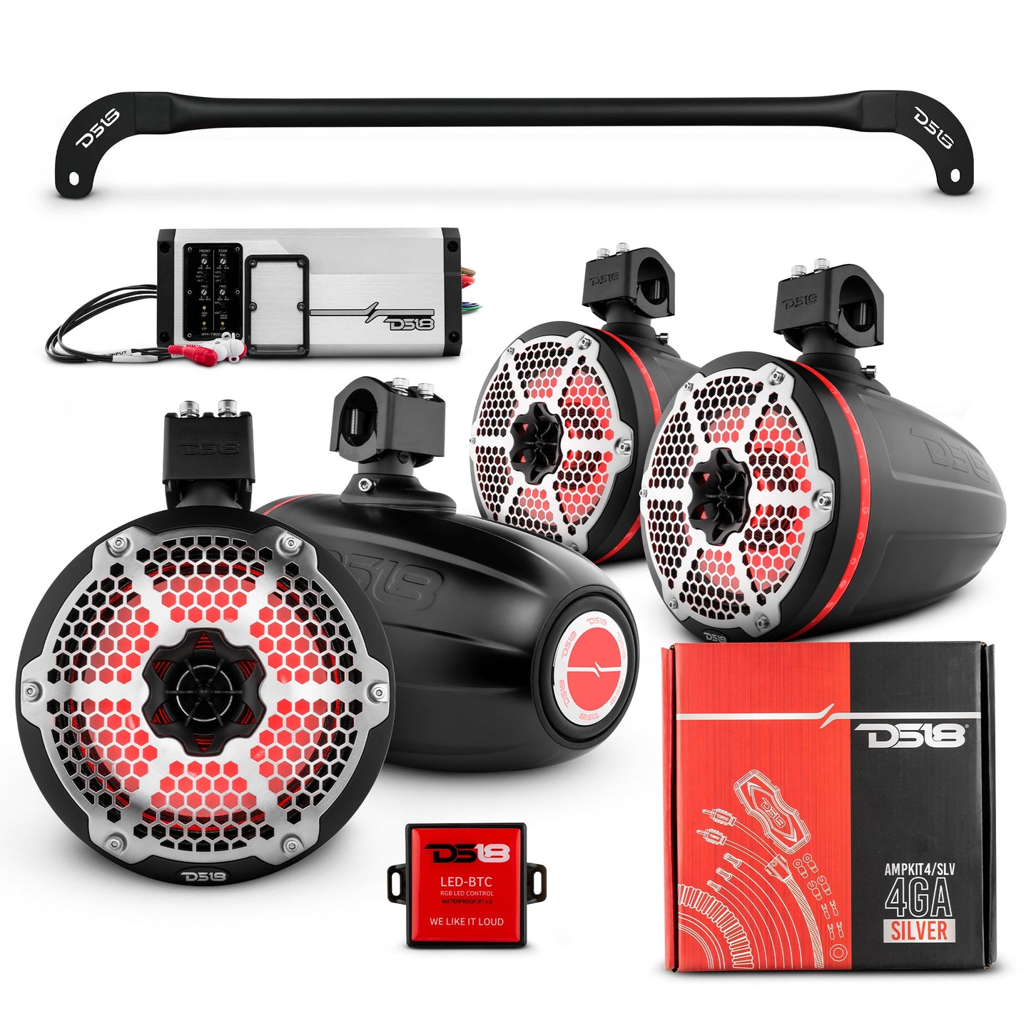JL-TUBESOFT 4x 8" Marine Towers Speakers with RGB LED Lights, 4-Channel Marine Amplifier and AMPKIT for JLU Soft Top.