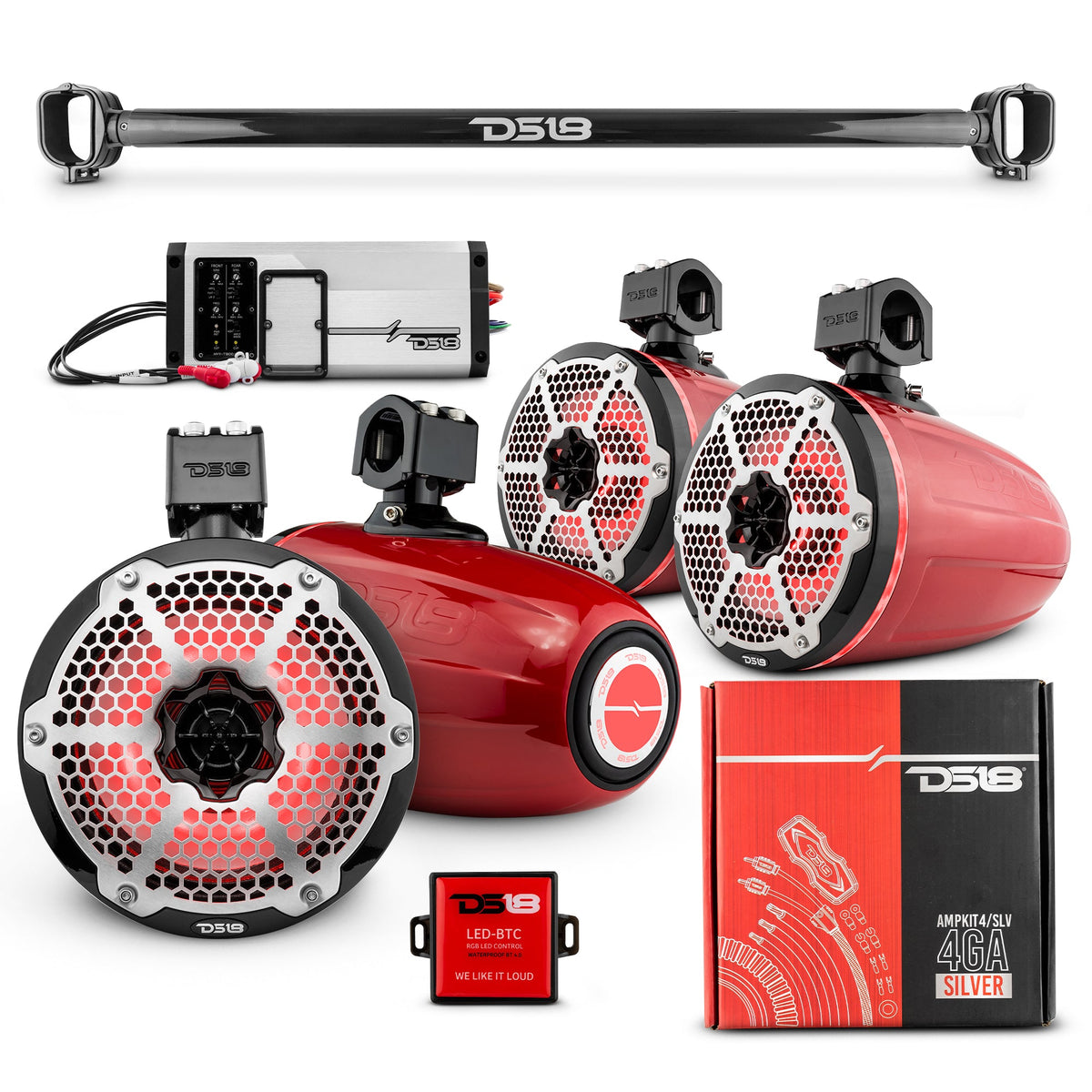 BRO-TUBE 4x 8" Marine Towers Speakers with RGB LED Lights, 4-Channel Marine Amplifier and AMPKIT for Ford Bronco 6th Gen.