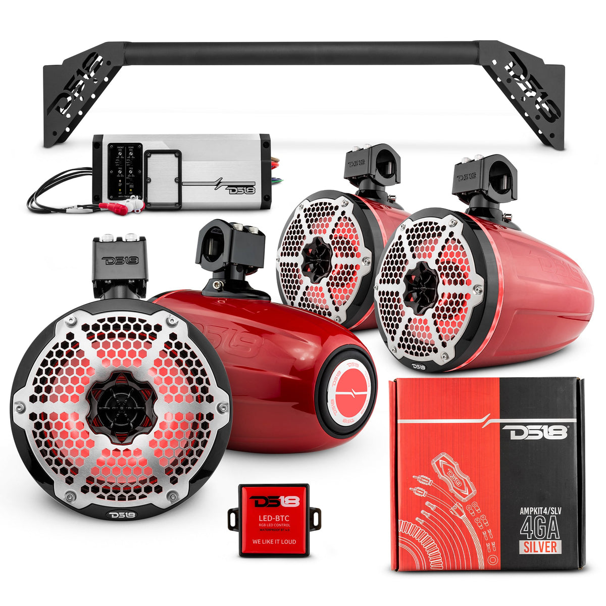 JL-TUBEUP 4x 8" Marine Towers Speakers with RGB LED Lights, 4-Channel Marine Amplifier and AMPKIT for Jeep JLU.
