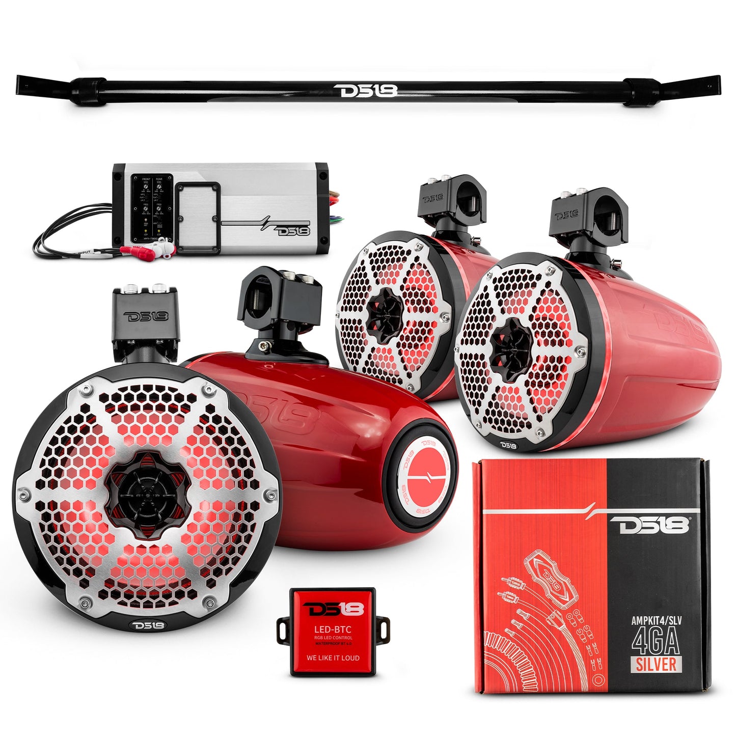 JT-TUBE 4x 8" Marine Towers Speakers with RGB LED Lights, 4-Channel Marine Amplifier and AMPKIT for Jeep JT Gladiator.
