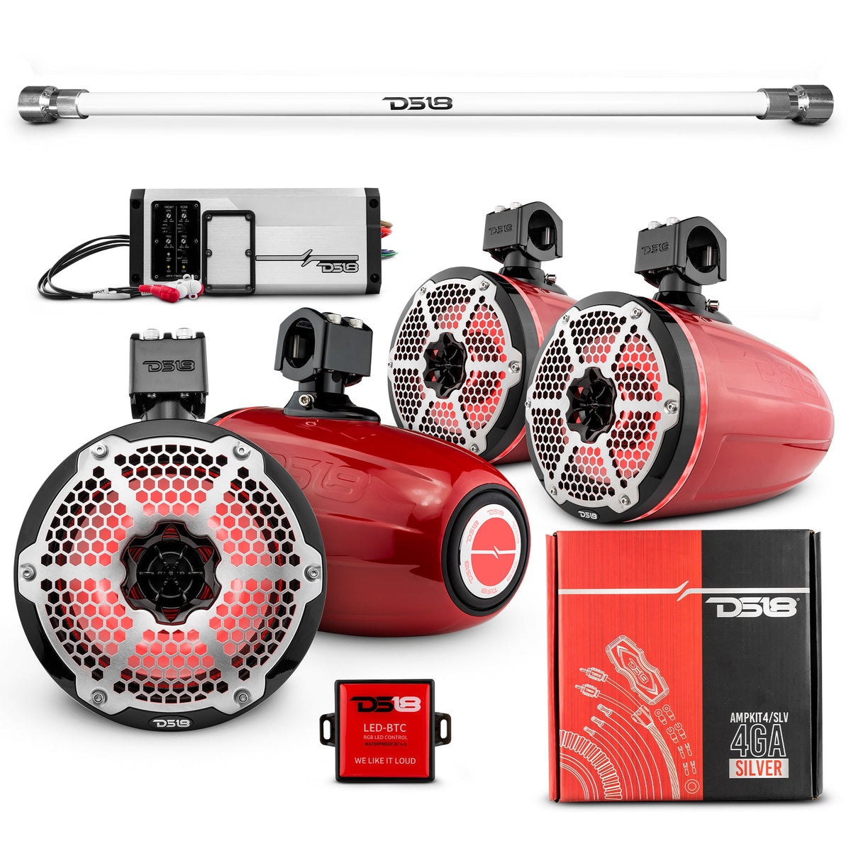 PU-TUBE 4x 8" Marine Towers Speakers with RGB LED Lights, 4-Channel Marine Amplifier and AMPKIT for Pick Up & Trucks.