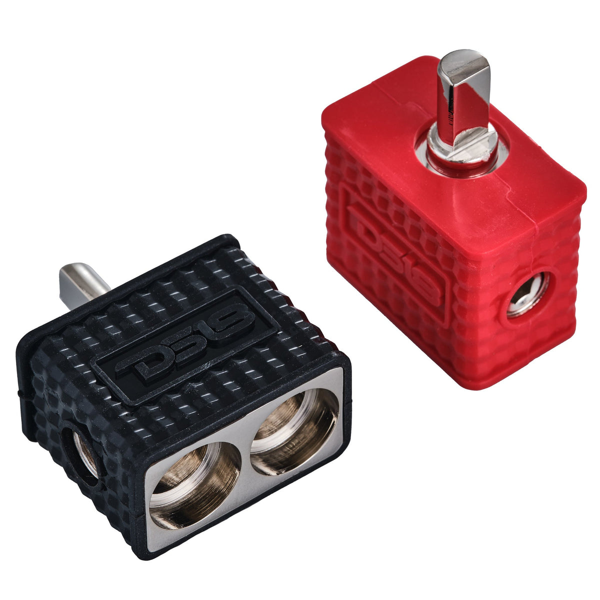 Dual 1/0-GA to 1/4-GA Amp Input Reducers with Offset Stub and Silicone Cover - BLACK/RED.