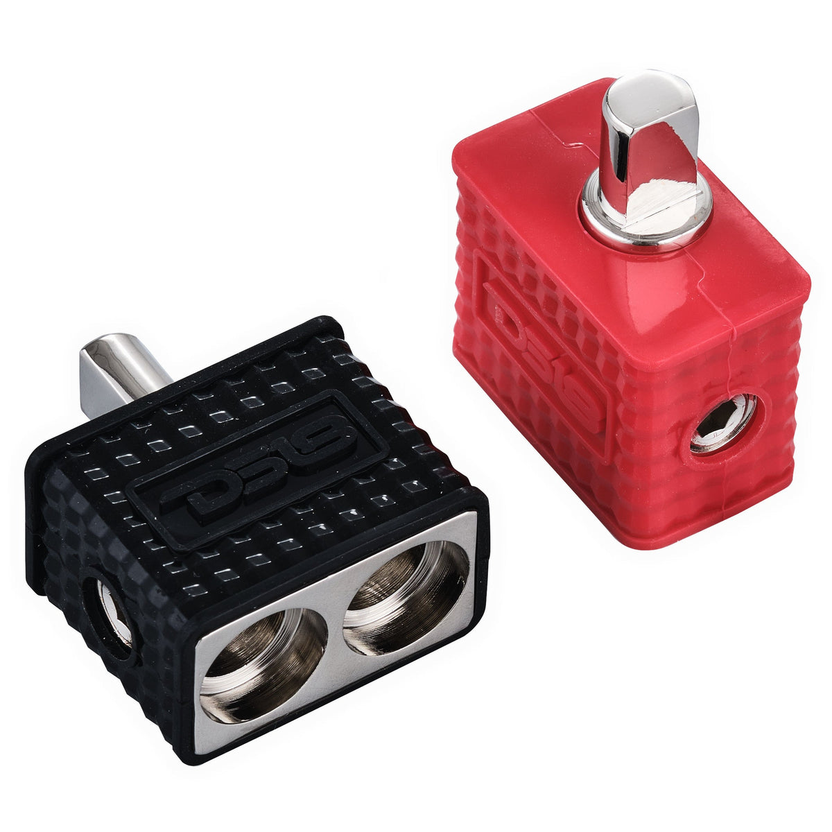 Dual 1/0-GA to 1/0-GA Amp Input Reducers with Offset Stub and Silicone Cover - BLACK/RED.