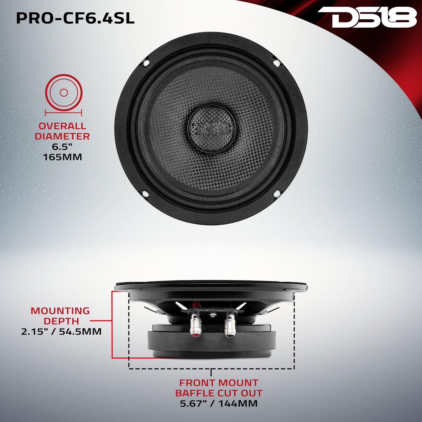 PRO 6.5” Shallow Mid-Bass Loudspeaker with Carbon Fiber Water-Resistant Cone | 250W RMS 4-Ohm.