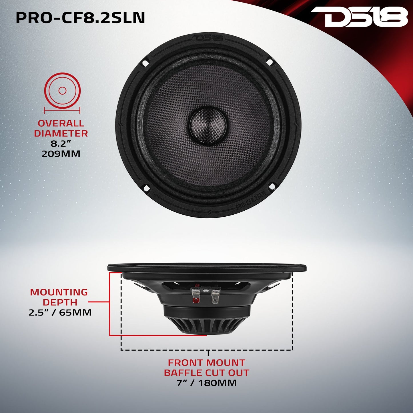 8” Slim Motorcycle & Motorsports Loudspeaker With Neodymium Magnet and Water Resistant Carbon Fiber Cone | 200W RMS 2-Ohm.