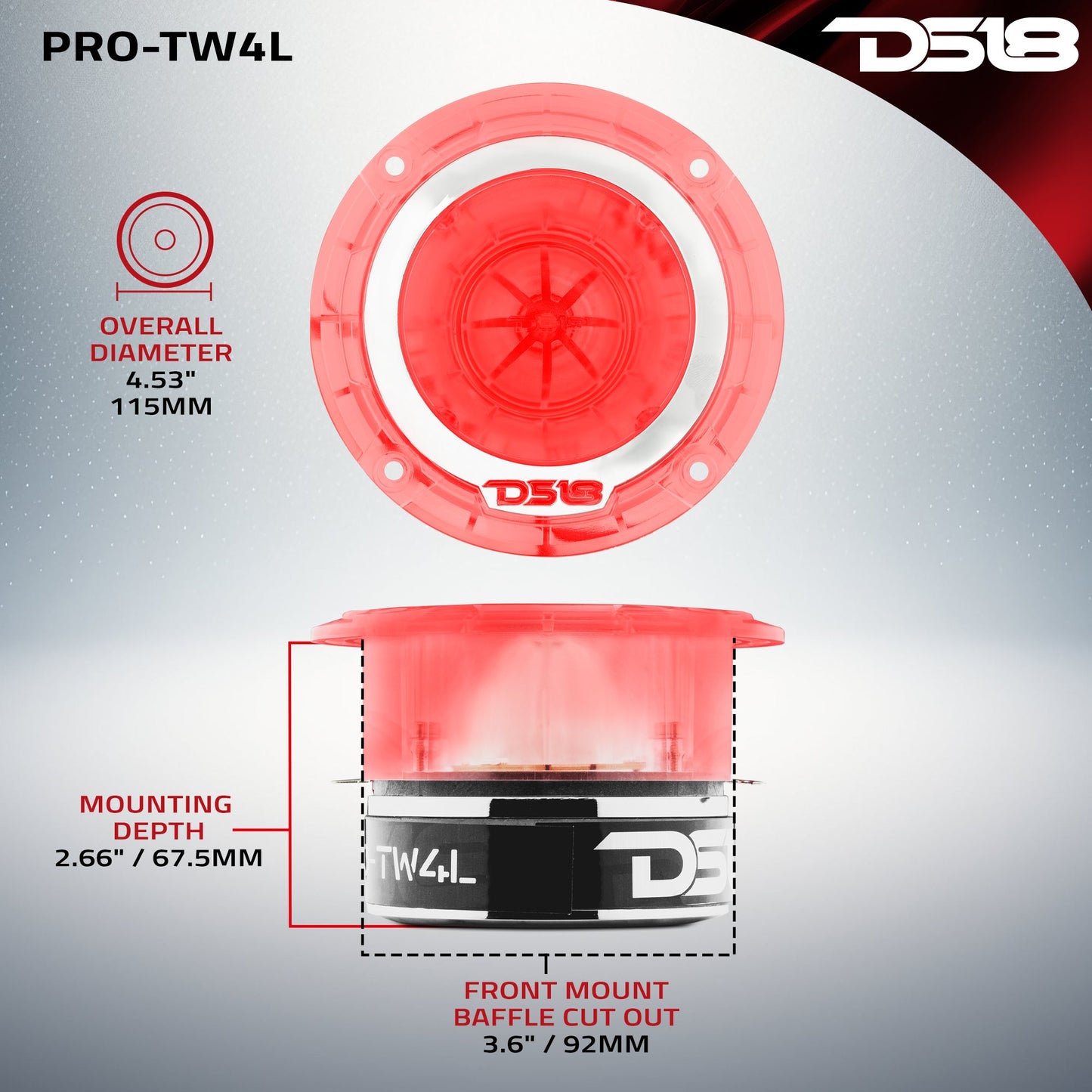 4.5" Super Bullet Tweeter 280 Watts 1.75" Titanium 4-Ohm Vc with RGB LED Lights.
