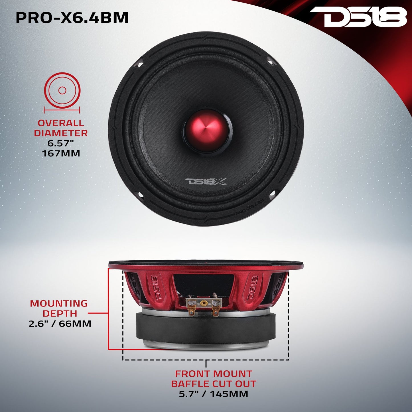 PRO-X 6.5" Mid-Range Loudspeaker with Bullet and OEM Adapter Kit | 250W RSM 4-Ohm.