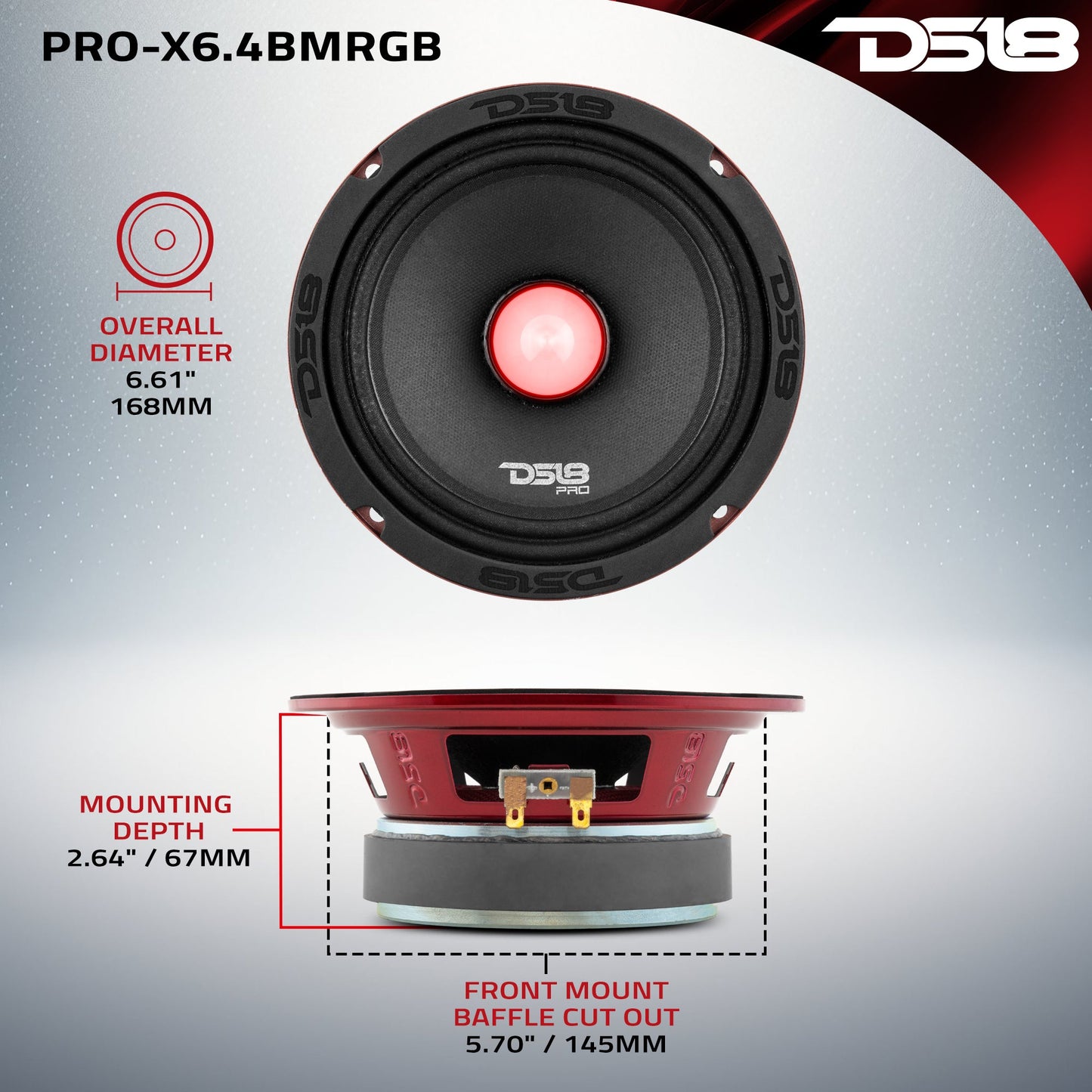 PRO-X 6.5" Mid-Range Loudspeaker with RGB Light Bullet 250 Watts Rms 4-Ohm.