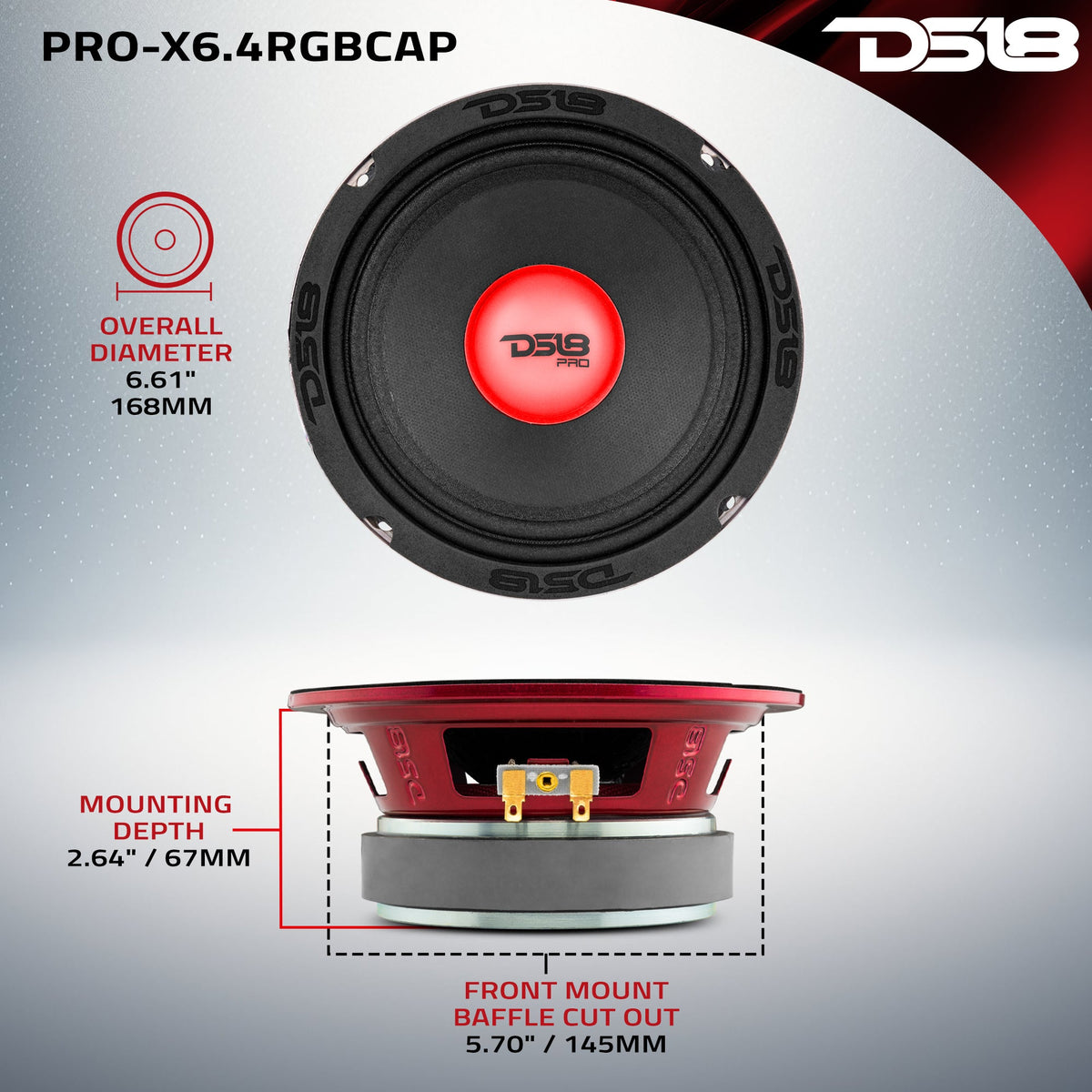 PRO-X 6.5" Mid-Range Loudspeaker with RGB Light Dust Cap 250 Watts Rms 4-Ohm.