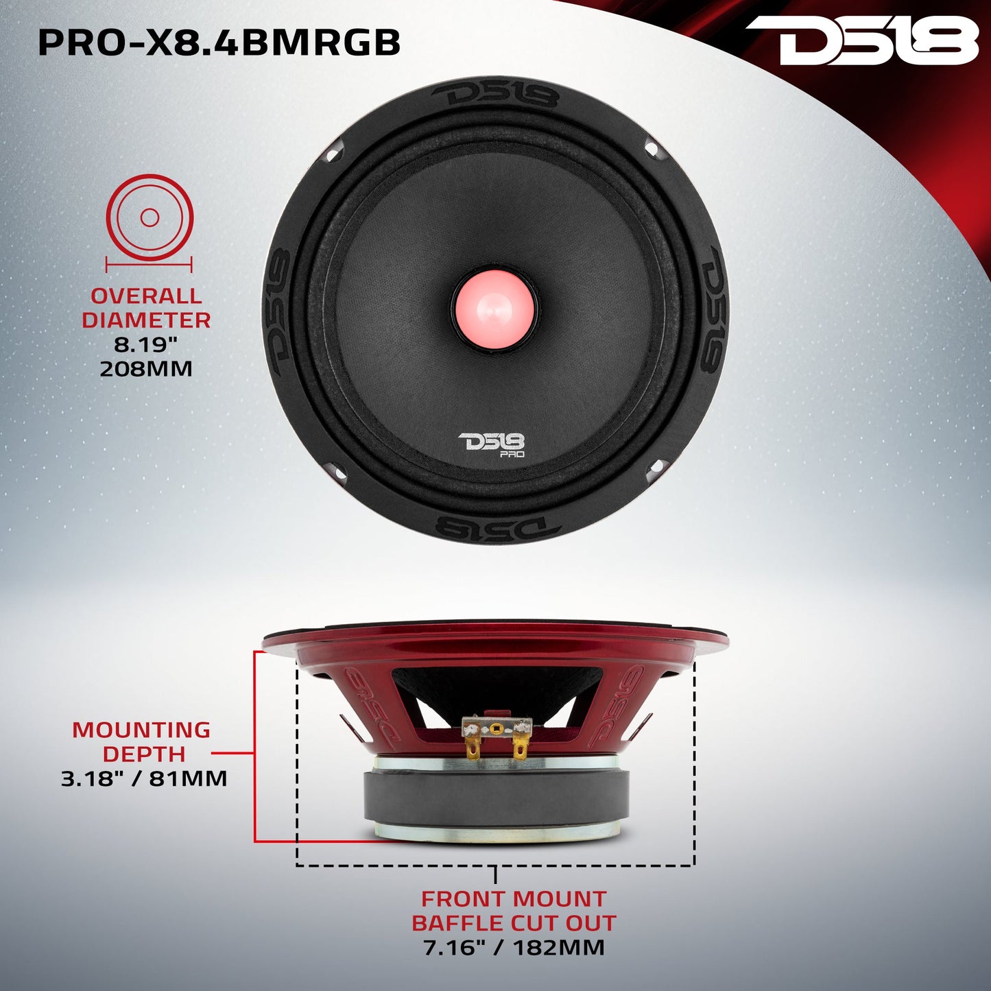 PRO-X 8" Mid-Range Loudspeaker with RGB Light Bullet 275 Watts Rms 4-Ohm.