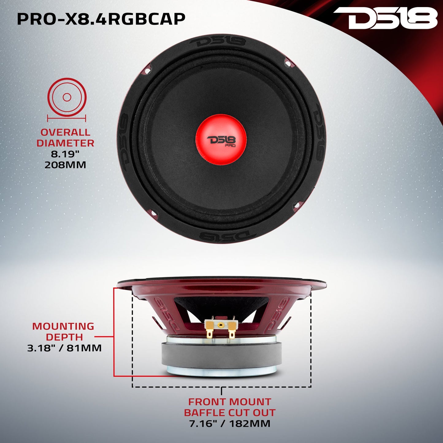 PRO-X 8" Mid-Range Loudspeaker with RGB Light Dust Cap 275 Watts Rms 4-Ohm.