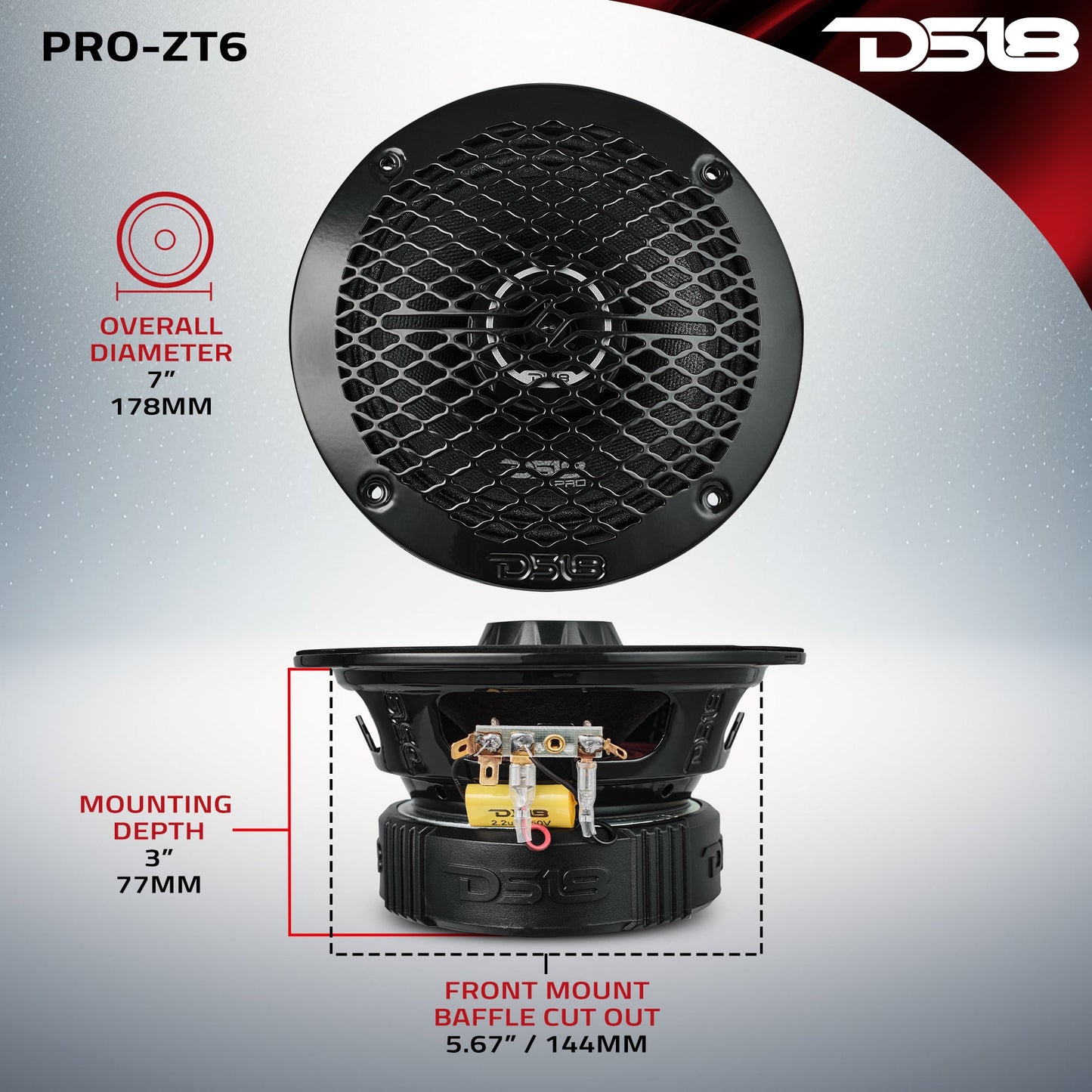 PRO-ZT 6.5" Coaxial Mid-Range Loudspeaker with Water-Resistant Cone Built-in Bullet Tweeter and Grill | 225W RMS 4-Ohm.