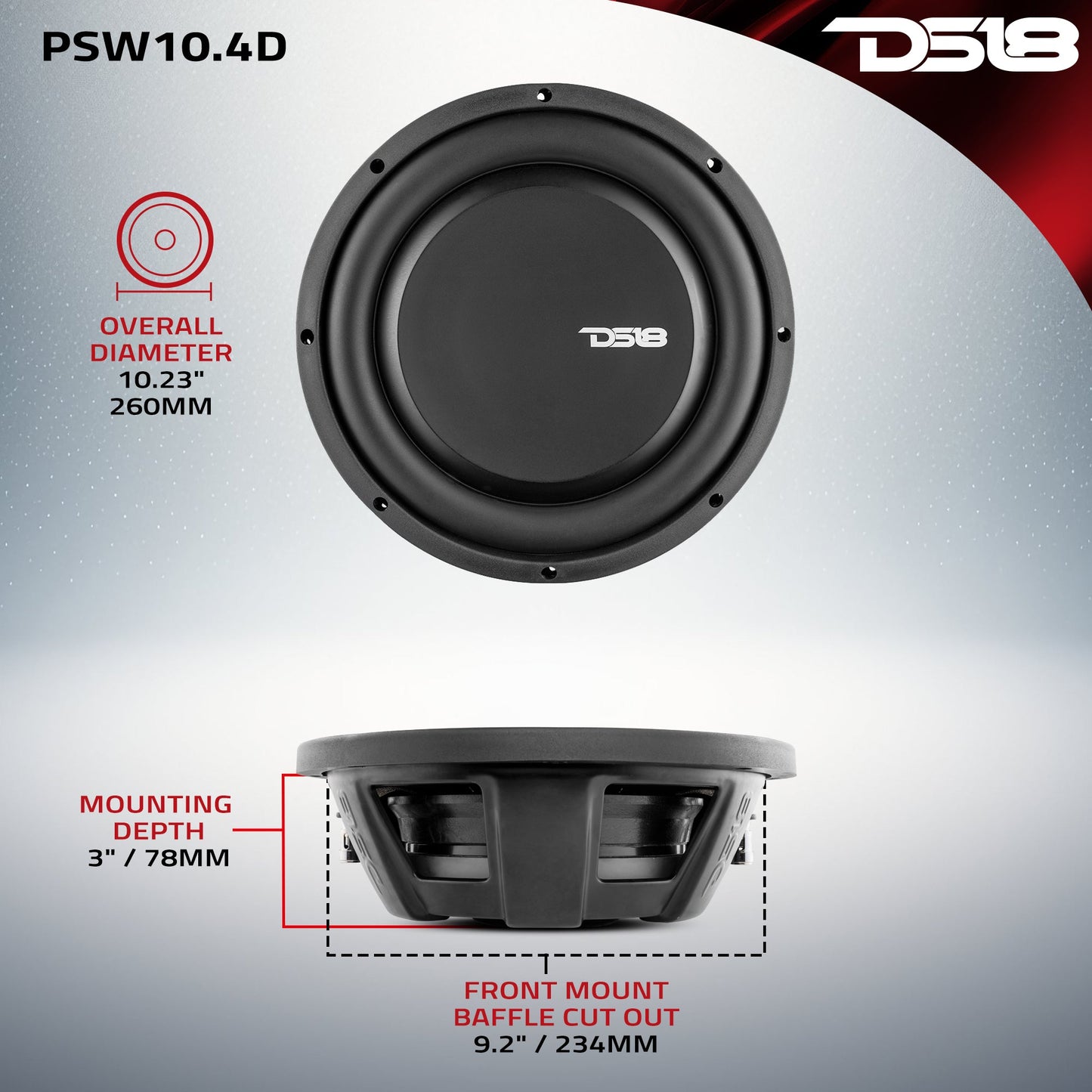PS Shallow-Mount Water Resistant 10" Subwoofer | 500W RMS DVC 4-Ohm.