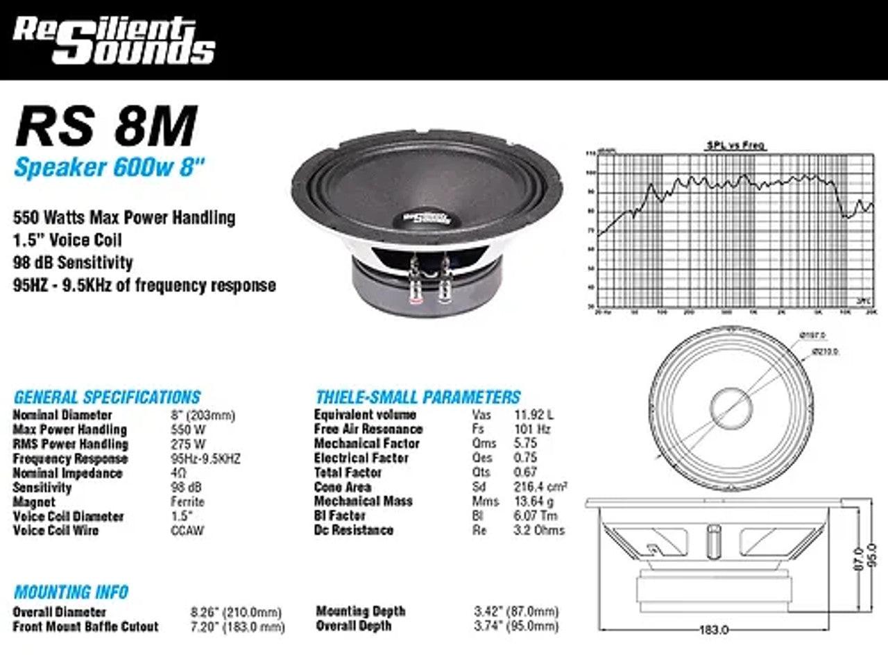 Resilient Sounds RS 8M 8" Midrange Speaker – 275W RMS 4 Ohm (Single) - Audio Sellerz