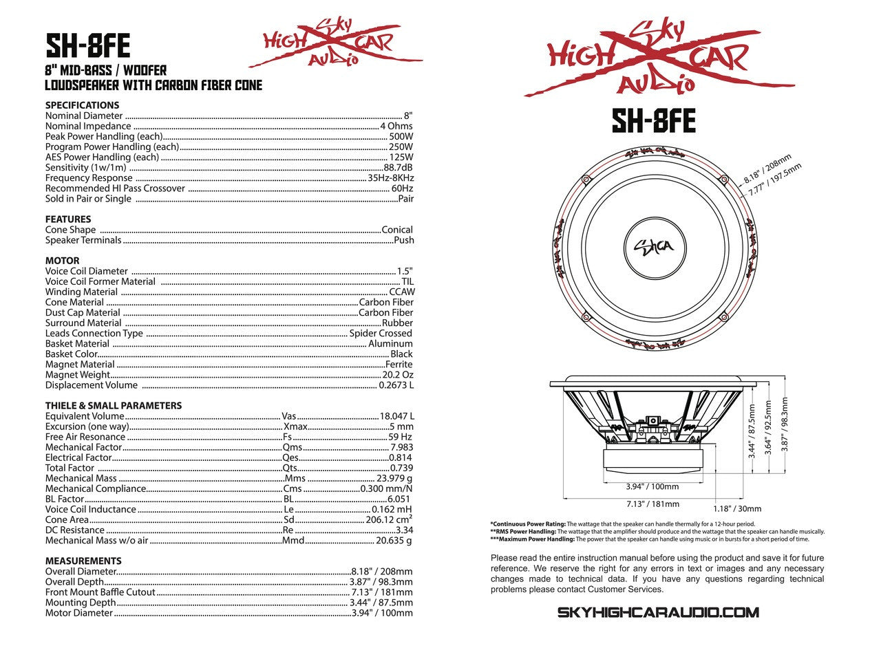 Sky High Car Audio SH-8FE 8" Mid Woofer Pair w/ Carbon Fiber Cone
