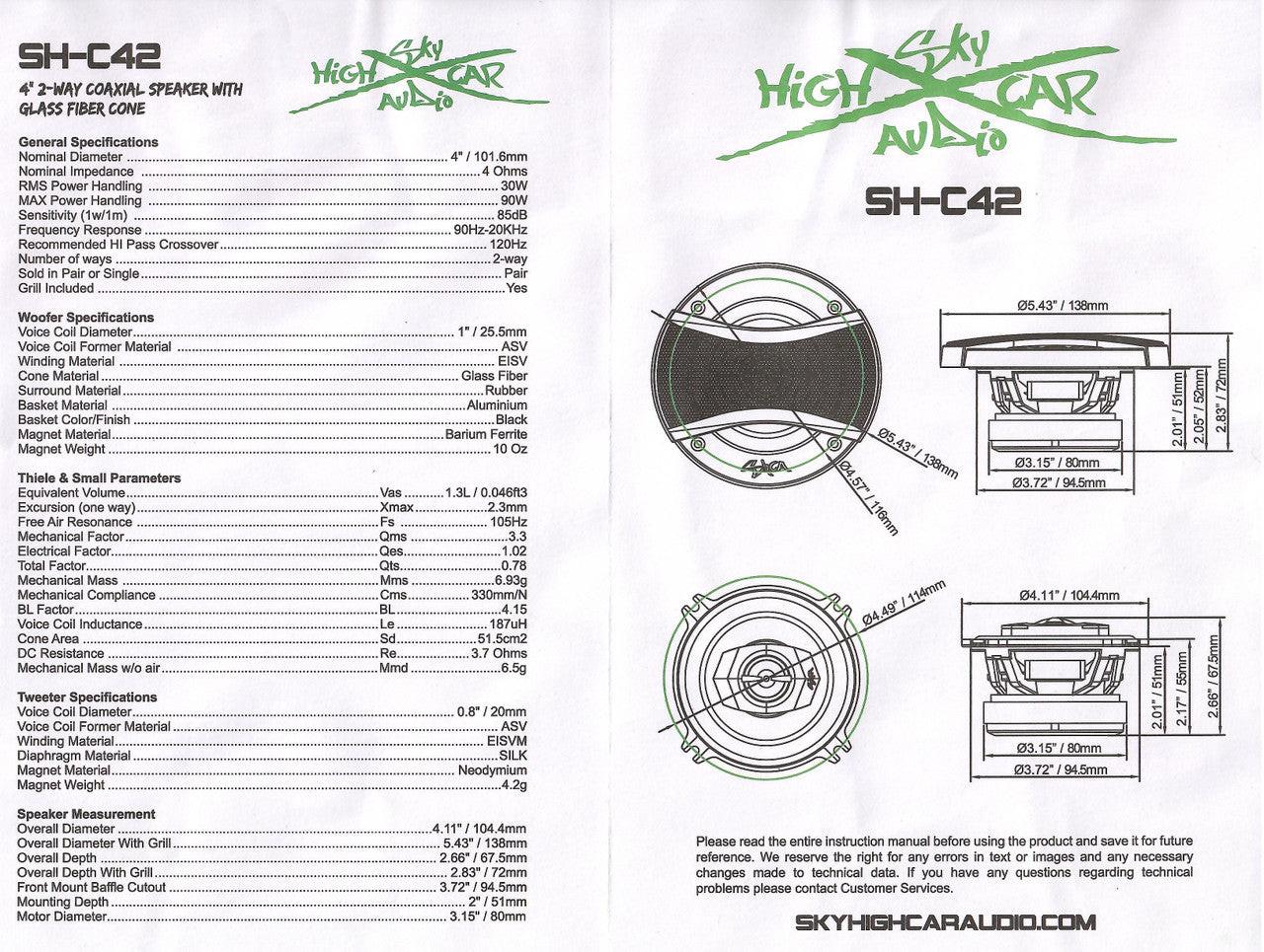 SHCA - C42 4" 2-way Coaxial Speakers (Pair) With Glass Fiber Cone and Pivoting Tweeter - Audio Sellerz